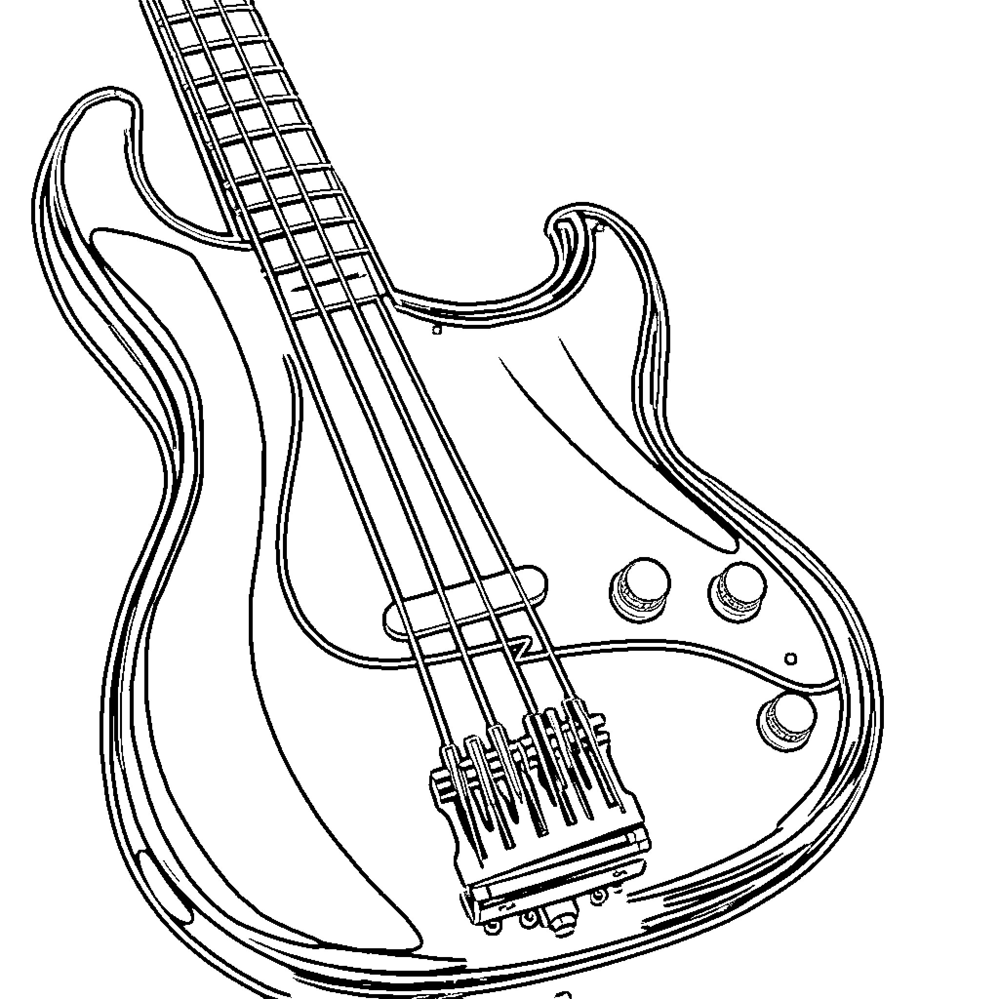 Bass Guitar with Classic Rock Styling Coloring Page (free black-and-white line drawing printable PDF for all, from beginners to advanced learners, including children, teens, adults, and seniors)