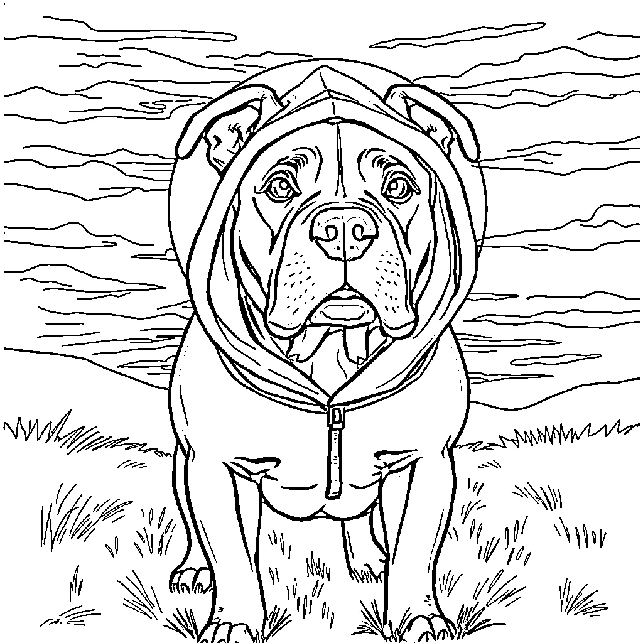 Pitbull enjoying outdoor adventure Coloring Page (free black-and-white line drawing printable PDF for all, from beginners to advanced learners, including children, teens, adults, and seniors)