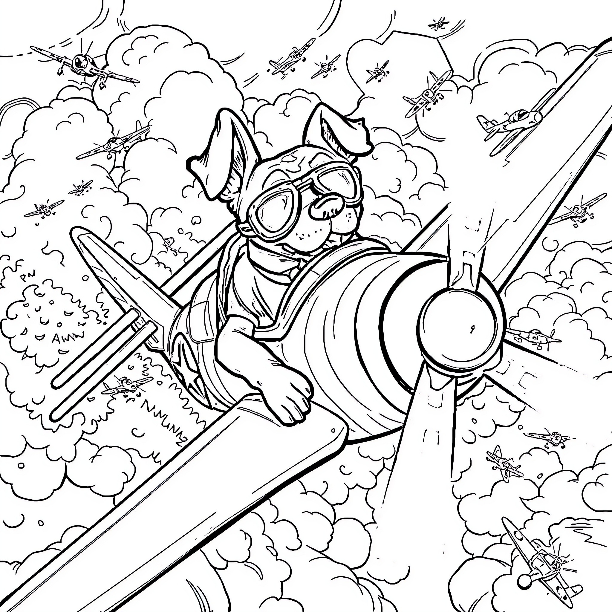 Dog fighter pilot soaring through the sky Coloring Page (free black-and-white line drawing printable PDF for all, from beginners to advanced learners, including children, teens, adults, and seniors)