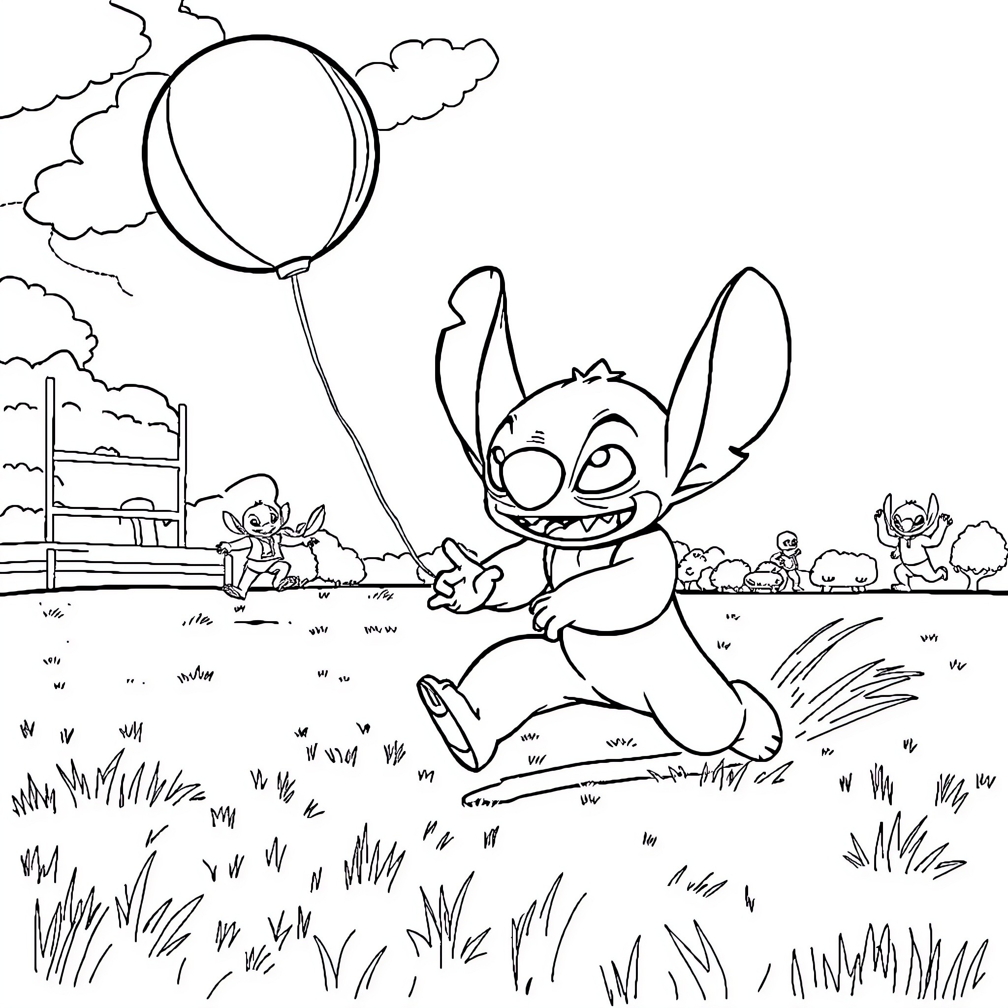 Stitch chasing a balloon in a whimsical outdoor scene Coloring Page (free black-and-white line drawing printable PDF for all, from beginners to advanced learners, including children, teens, adults, and seniors)