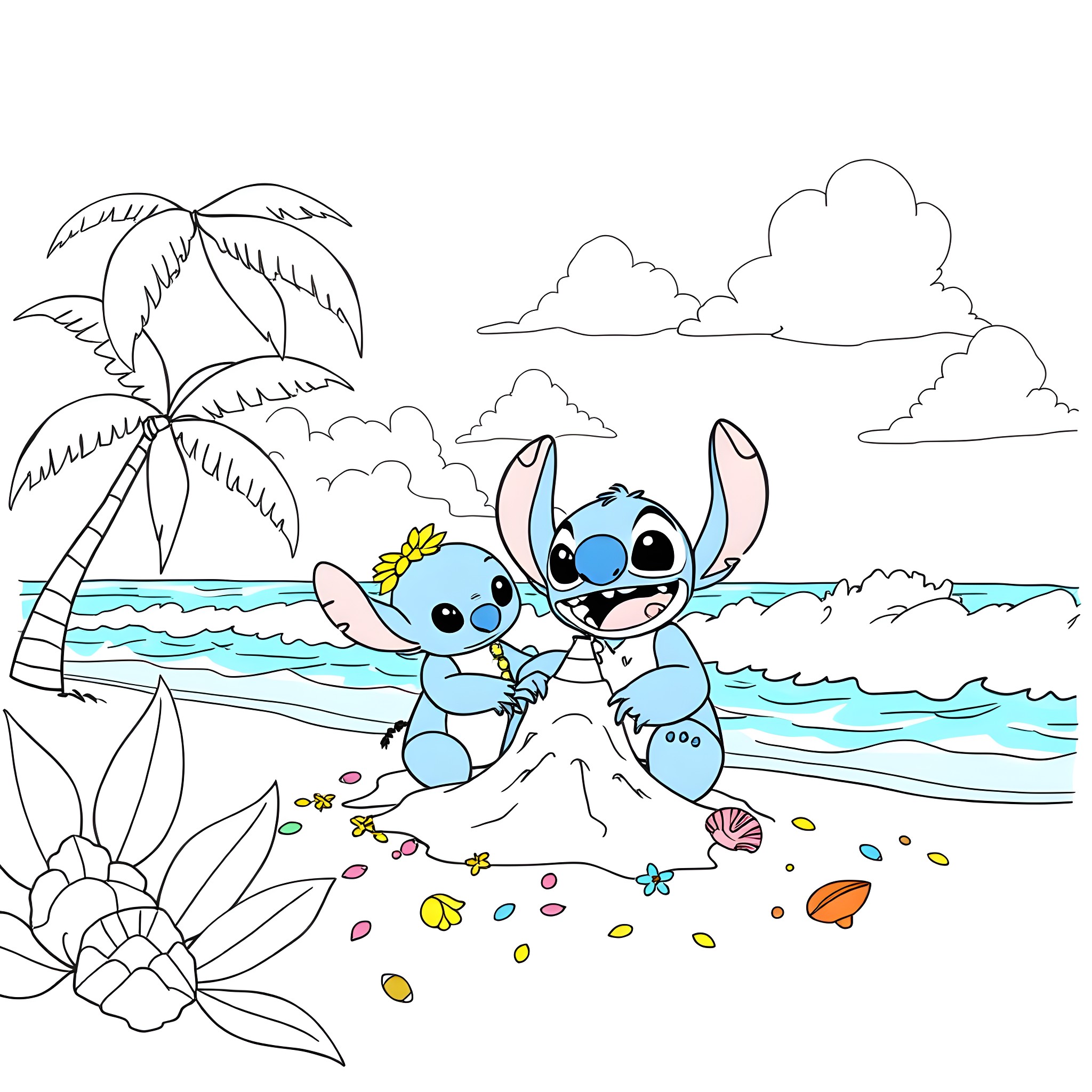 Lilo And Stitch Playing Joyfully on the Beach Coloring Page (free black-and-white line drawing printable PDF for all, from beginners to advanced learners, including children, teens, adults, and seniors)