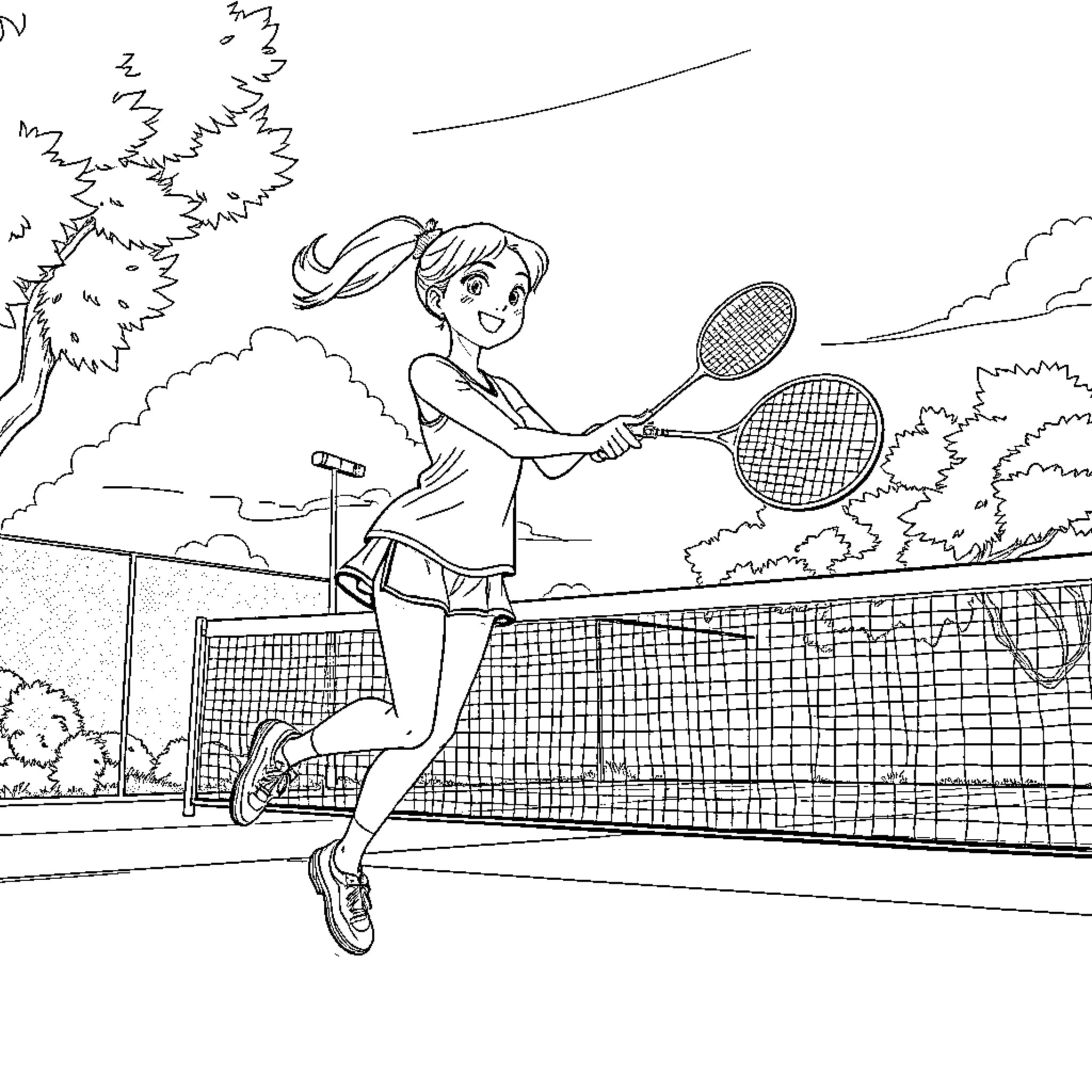 Girl playing tennis on a court Coloring Page (free black-and-white line drawing printable PDF for all, from beginners to advanced learners, including children, teens, adults, and seniors)