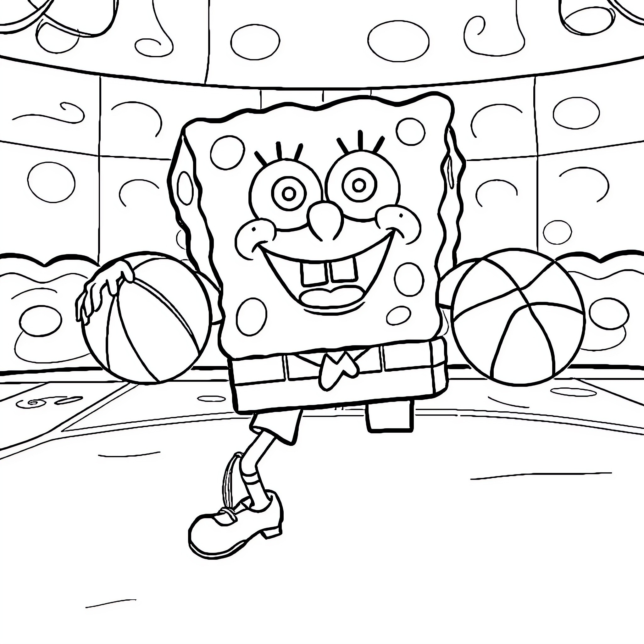 Spongebob playing happily with beach balls and toys Coloring Page (free black-and-white line drawing printable PDF for all, from beginners to advanced learners, including children, teens, adults, and seniors)