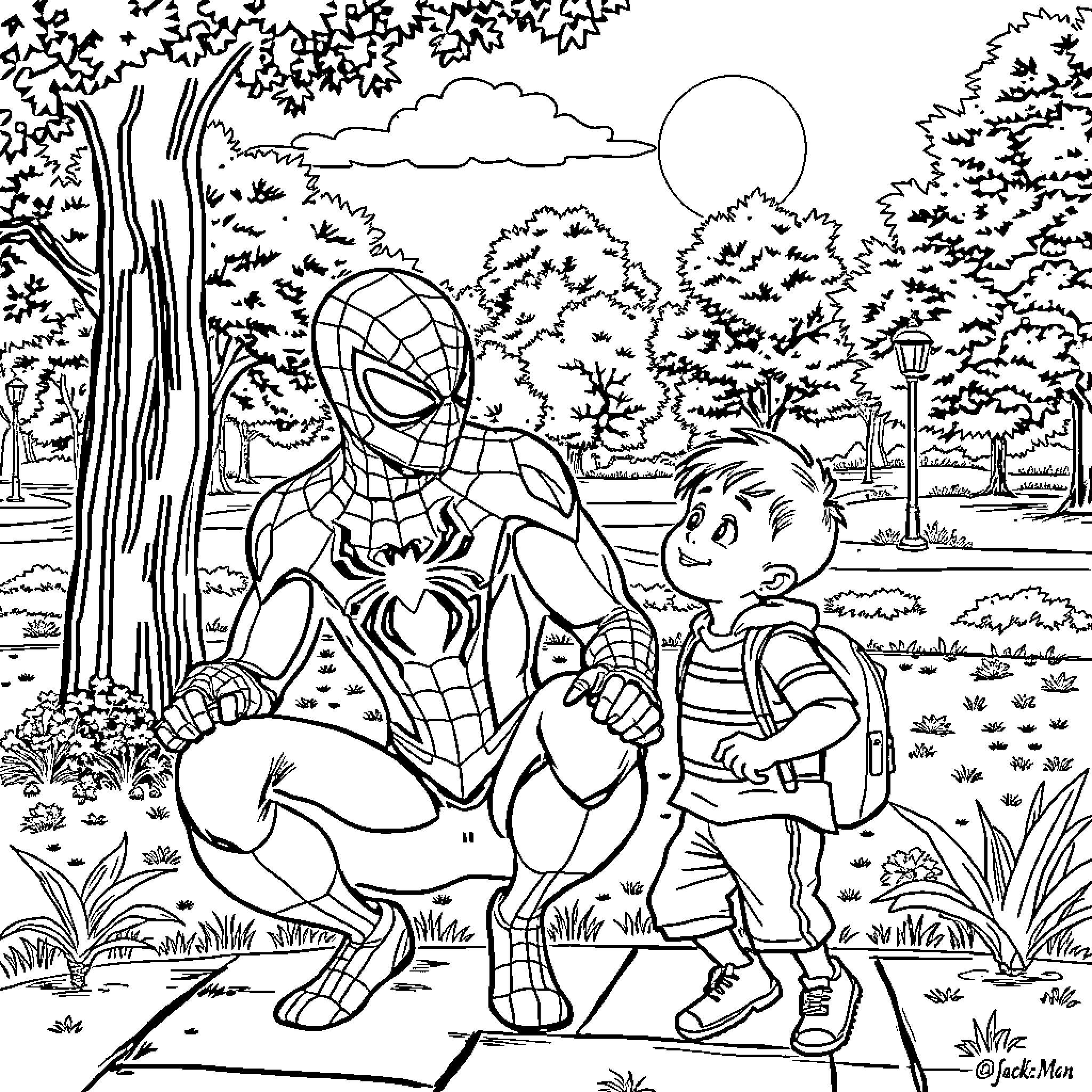 Spider-Man Helping a Young Boy in the Park Coloring Page (free black-and-white line drawing printable PDF for all, from beginners to advanced learners, including children, teens, adults, and seniors)