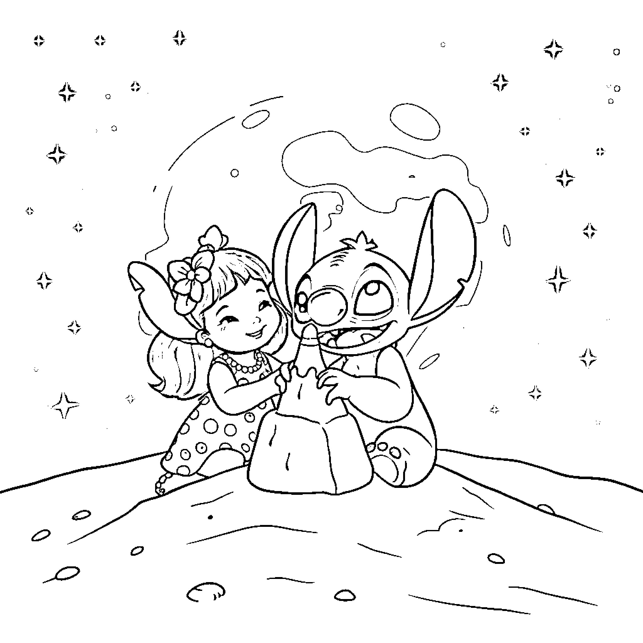 Lilo playing happily with her alien friend Coloring Page (free black-and-white line drawing printable PDF for all, from beginners to advanced learners, including children, teens, adults, and seniors)