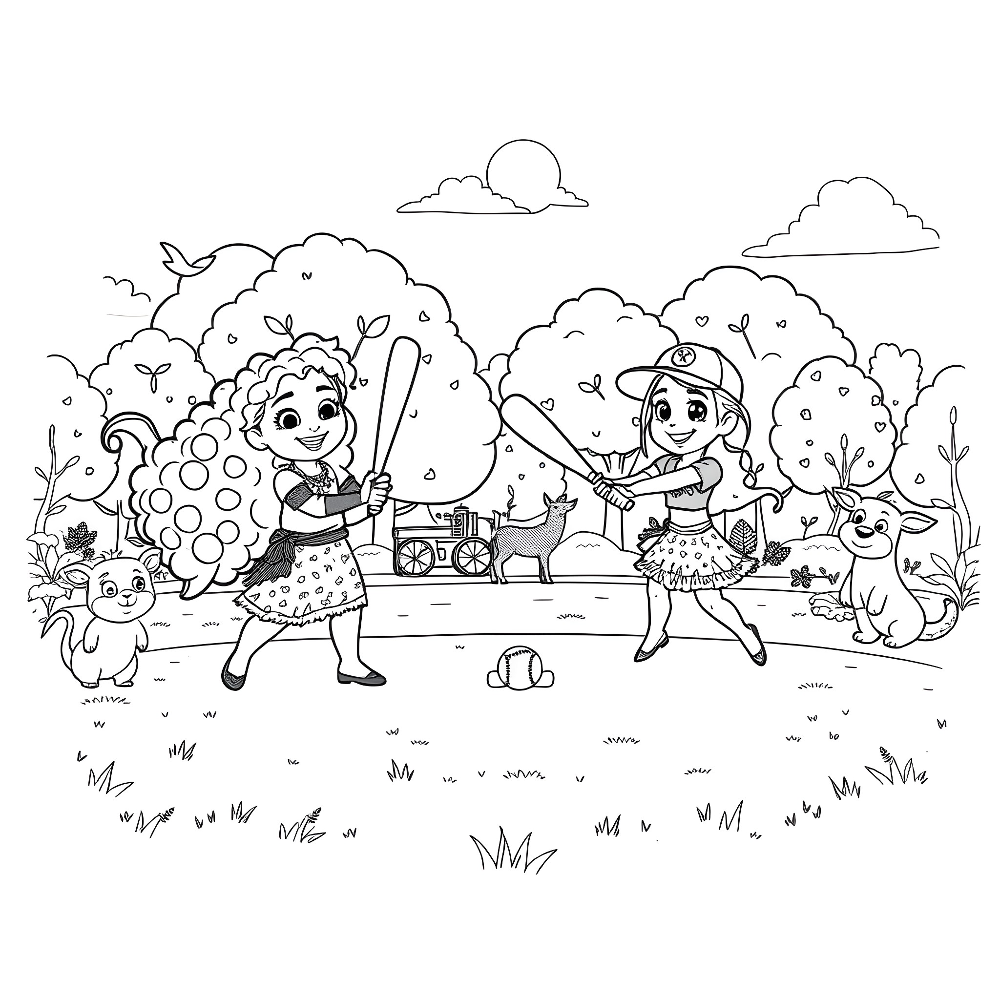 Moana and friends explore the enchanted forest Coloring Page (free black-and-white line drawing printable PDF for all, from beginners to advanced learners, including children, teens, adults, and seniors)