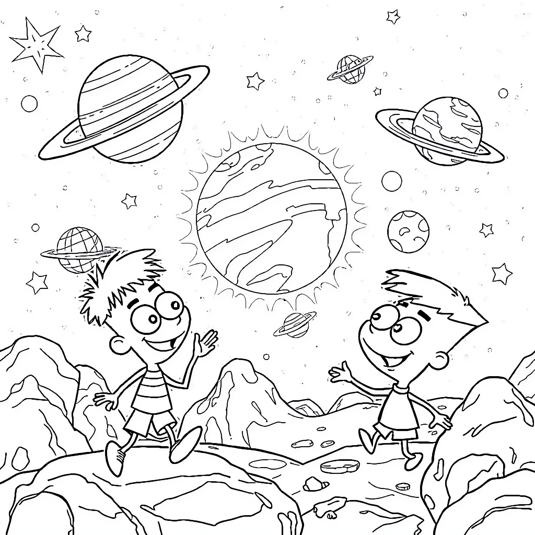 Phineas and Ferb exploring the galaxy Coloring Page (free black-and-white line drawing printable PDF for all, from beginners to advanced learners, including children, teens, adults, and seniors)