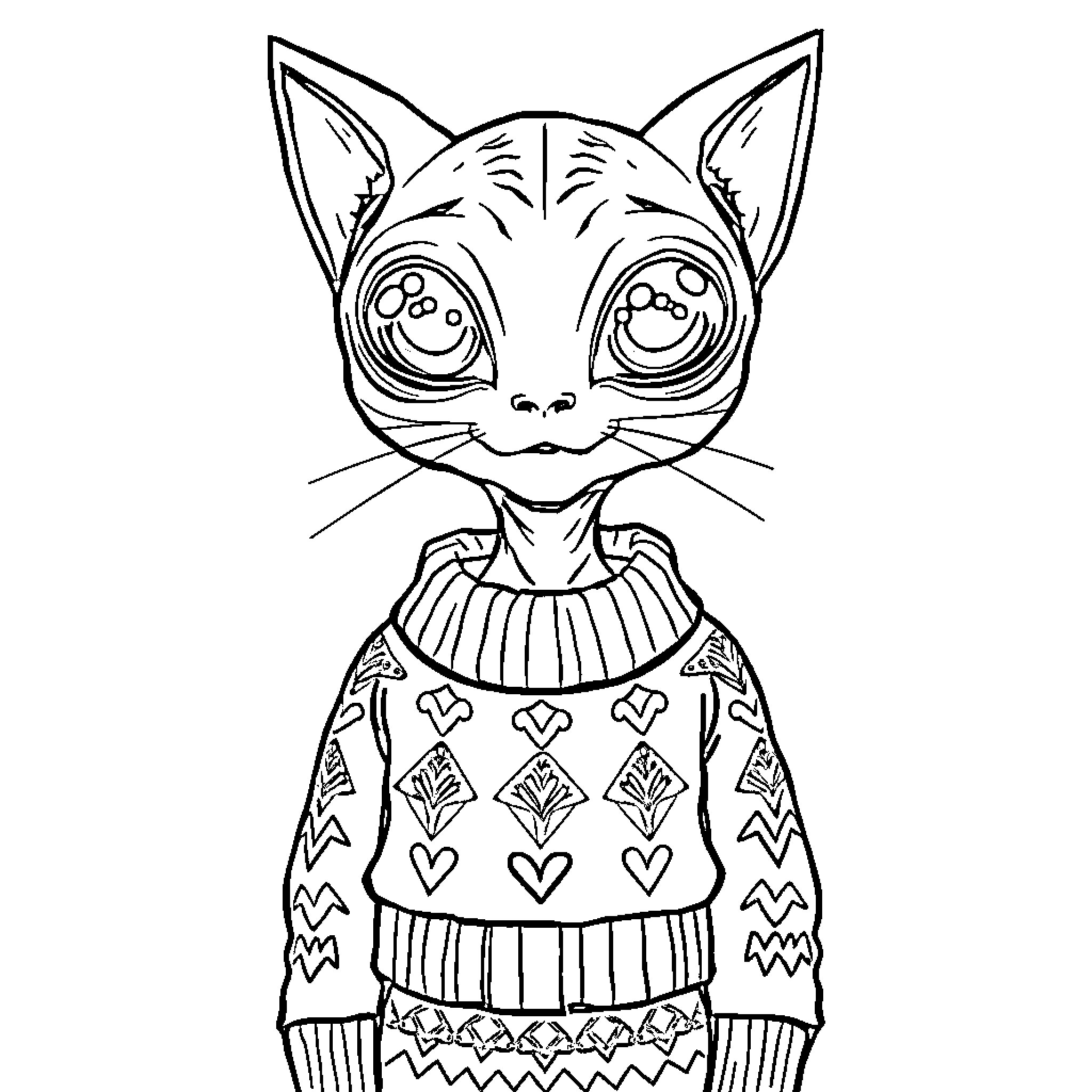 Alien cat wearing patterned sweater with happy expression Coloring Page (free black-and-white line drawing printable PDF for all, from beginners to advanced learners, including children, teens, adults, and seniors)