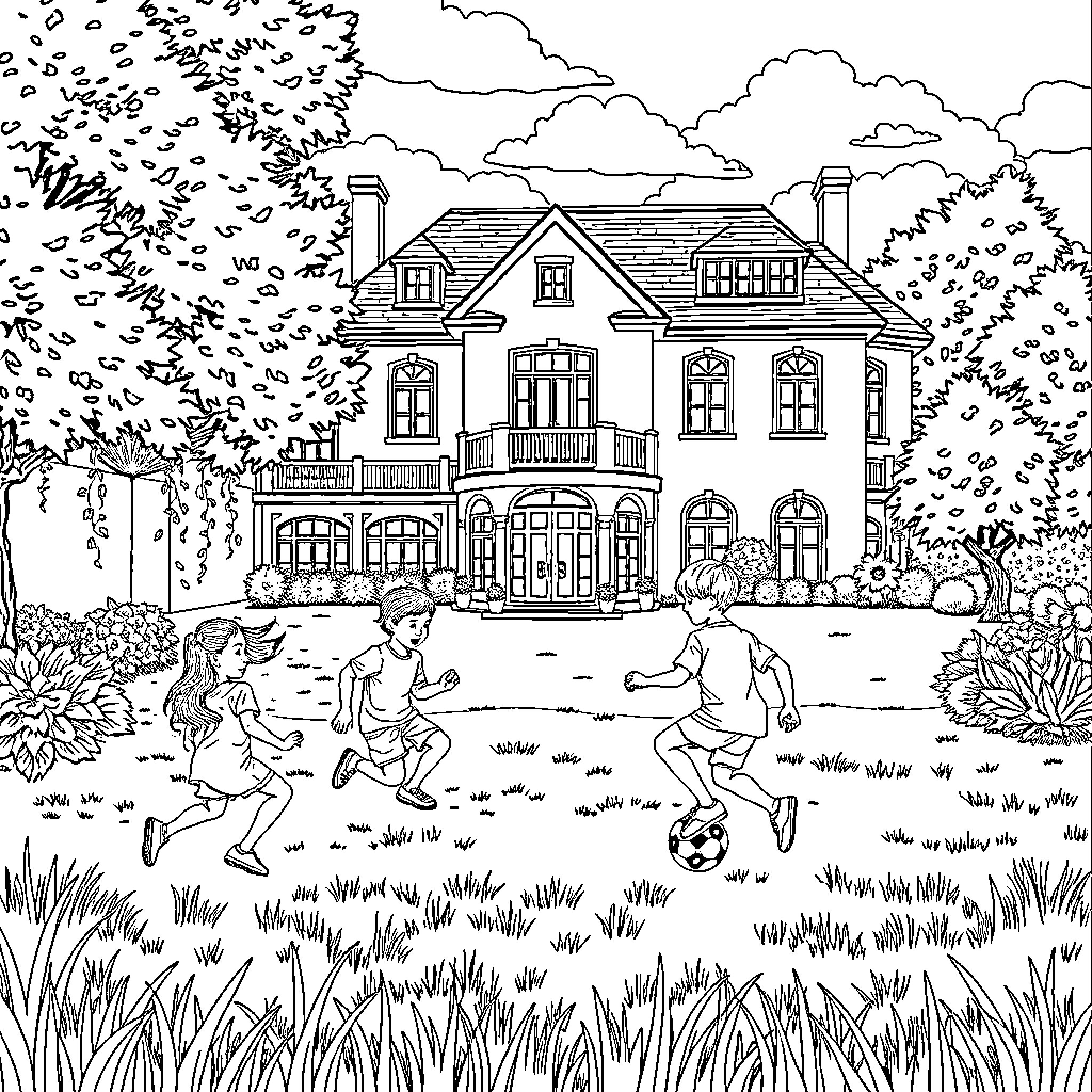 Soccer game in front of Victorian house Coloring Page (free black-and-white line drawing printable PDF for all, from beginners to advanced learners, including children, teens, adults, and seniors)
