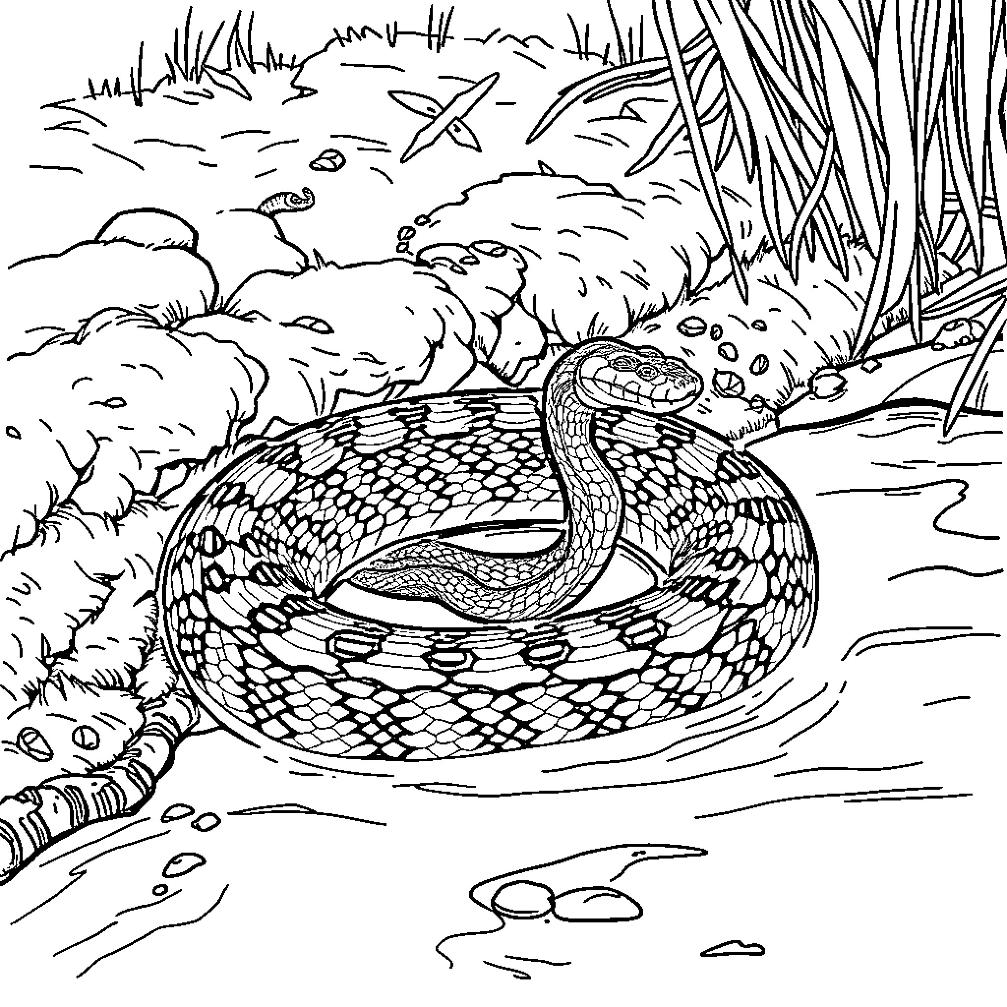 Cottonmouth snake coiled in the wilderness Coloring Page (free black-and-white line drawing printable PDF for all, from beginners to advanced learners, including children, teens, adults, and seniors)