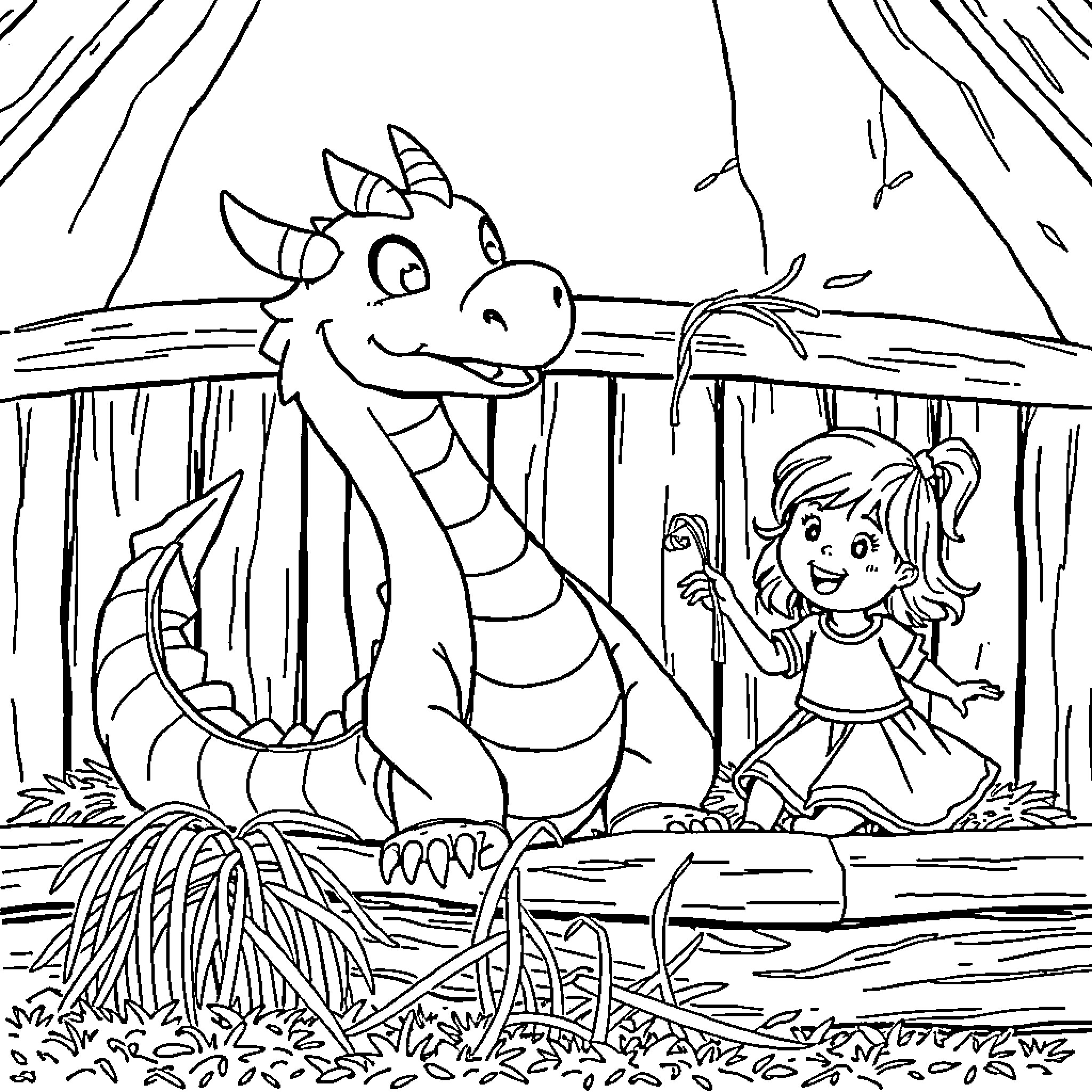 Dragon and Girl Exploring a Magical Forest Coloring Page (free black-and-white line drawing printable PDF for all, from beginners to advanced learners, including children, teens, adults, and seniors)