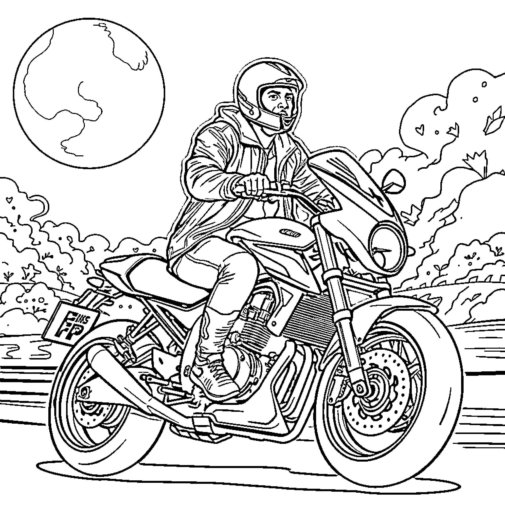 Lionel Messi riding a motorcycle in a scenic landscape Coloring Page (free black-and-white line drawing printable PDF for all, from beginners to advanced learners, including children, teens, adults, and seniors)