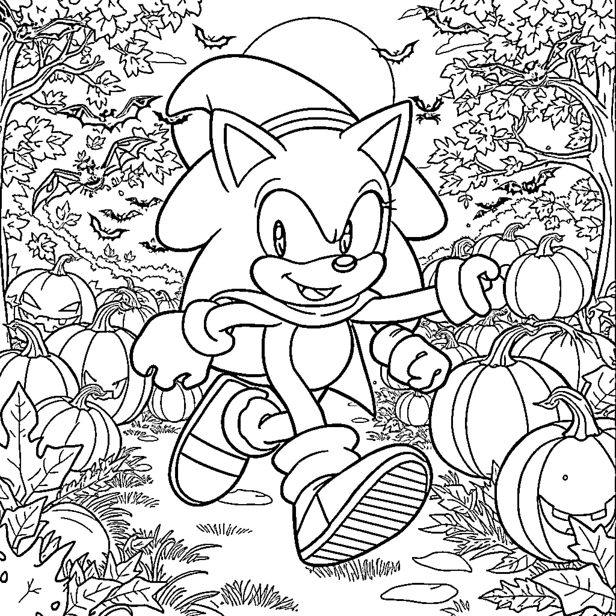 Sonic's Festive Forest Adventure Coloring Page (free black-and-white line drawing printable PDF for all, from beginners to advanced learners, including children, teens, adults, and seniors)