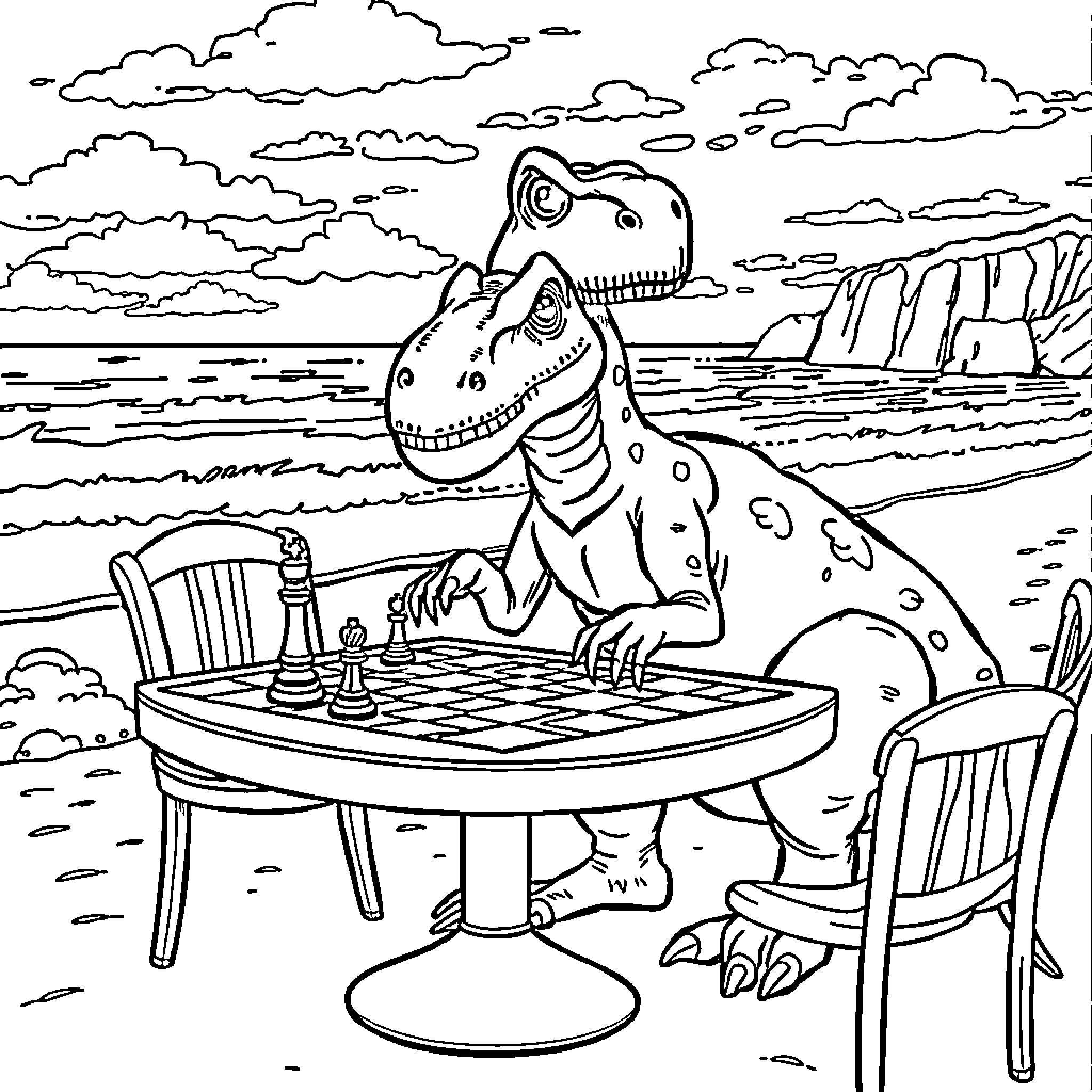 Dinos playing chess with scenic backdrop Coloring Page (free black-and-white line drawing printable PDF for all, from beginners to advanced learners, including children, teens, adults, and seniors)