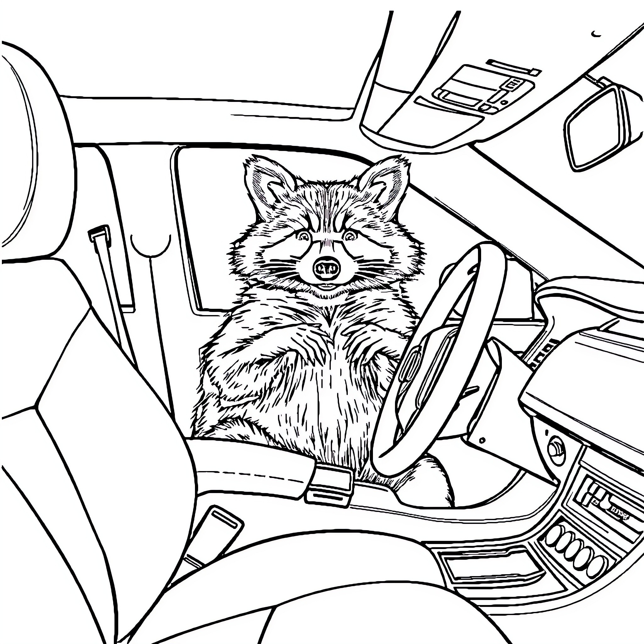 Raccoon enjoying a ride in the car Coloring Page (free black-and-white line drawing printable PDF for all, from beginners to advanced learners, including children, teens, adults, and seniors)