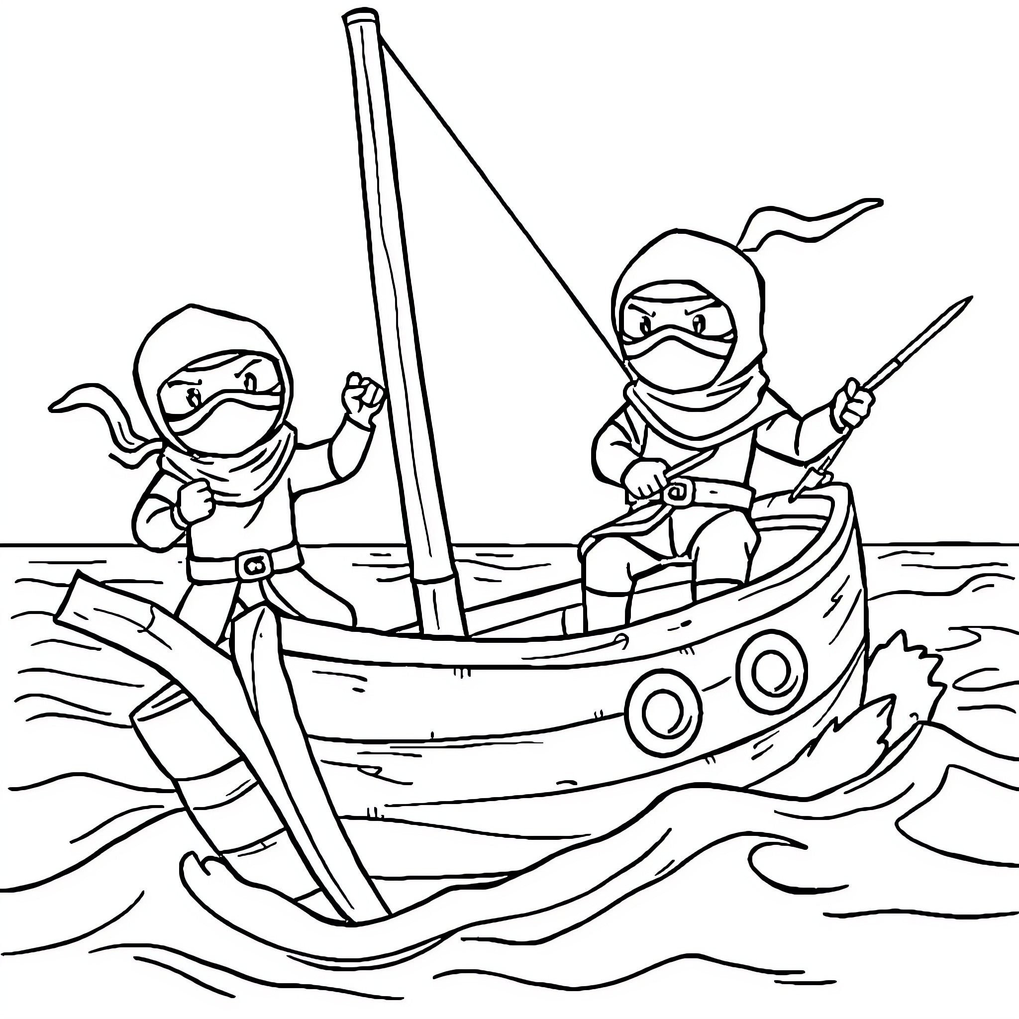 Ninja warriors sailing on a stormy sea Coloring Page (free black-and-white line drawing printable PDF for all, from beginners to advanced learners, including children, teens, adults, and seniors)