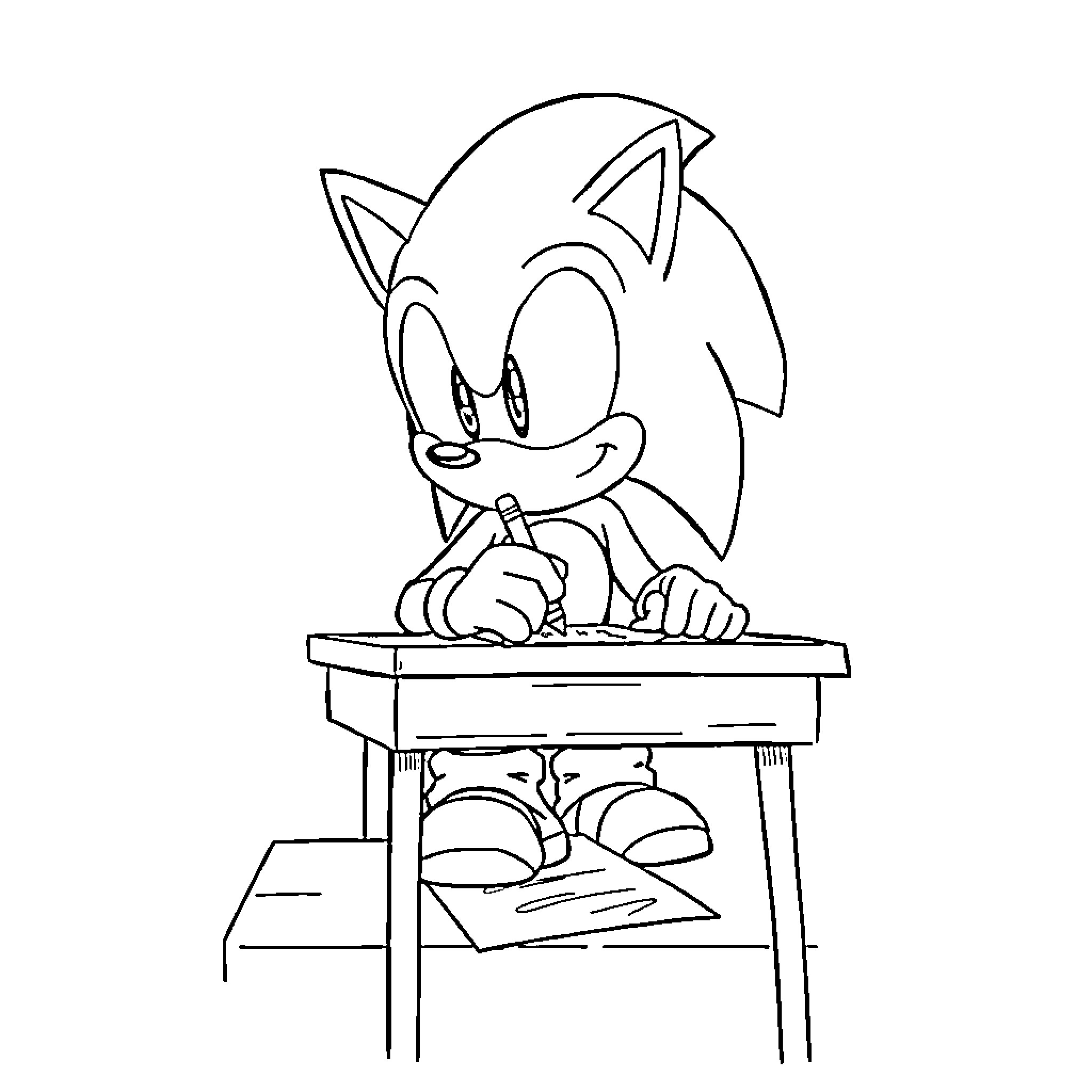 Sonic studying diligently at his desk Coloring Page (free black-and-white line drawing printable PDF for all, from beginners to advanced learners, including children, teens, adults, and seniors)