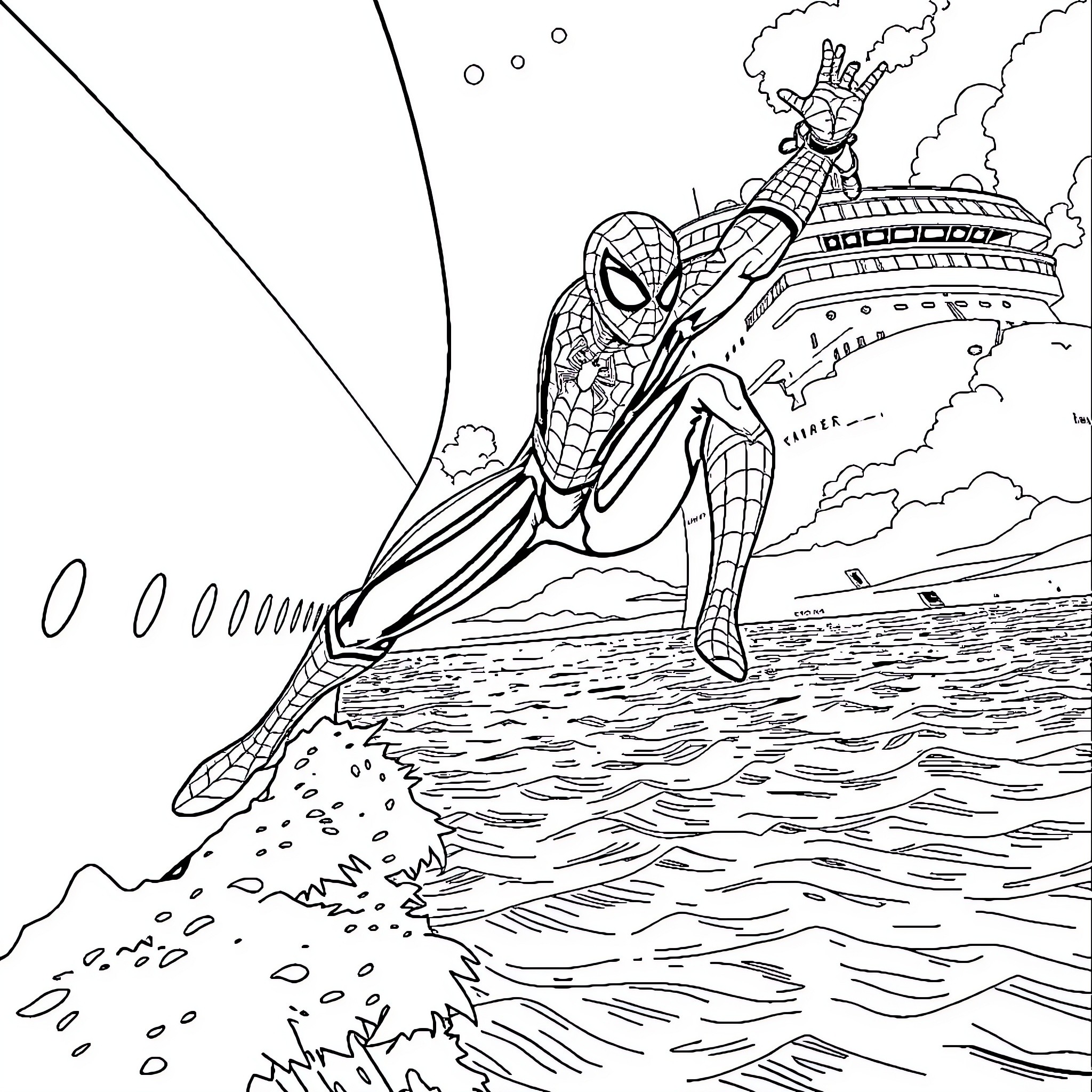 Spiderman swinging through the city skyline Coloring Page (free black-and-white line drawing printable PDF for all, from beginners to advanced learners, including children, teens, adults, and seniors)
