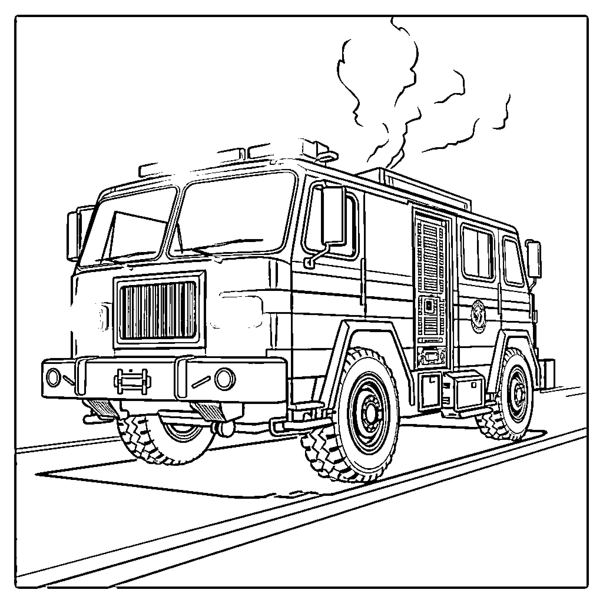 Fire Truck on Emergency Response Coloring Page (free black-and-white line drawing printable PDF for all, from beginners to advanced learners, including children, teens, adults, and seniors)