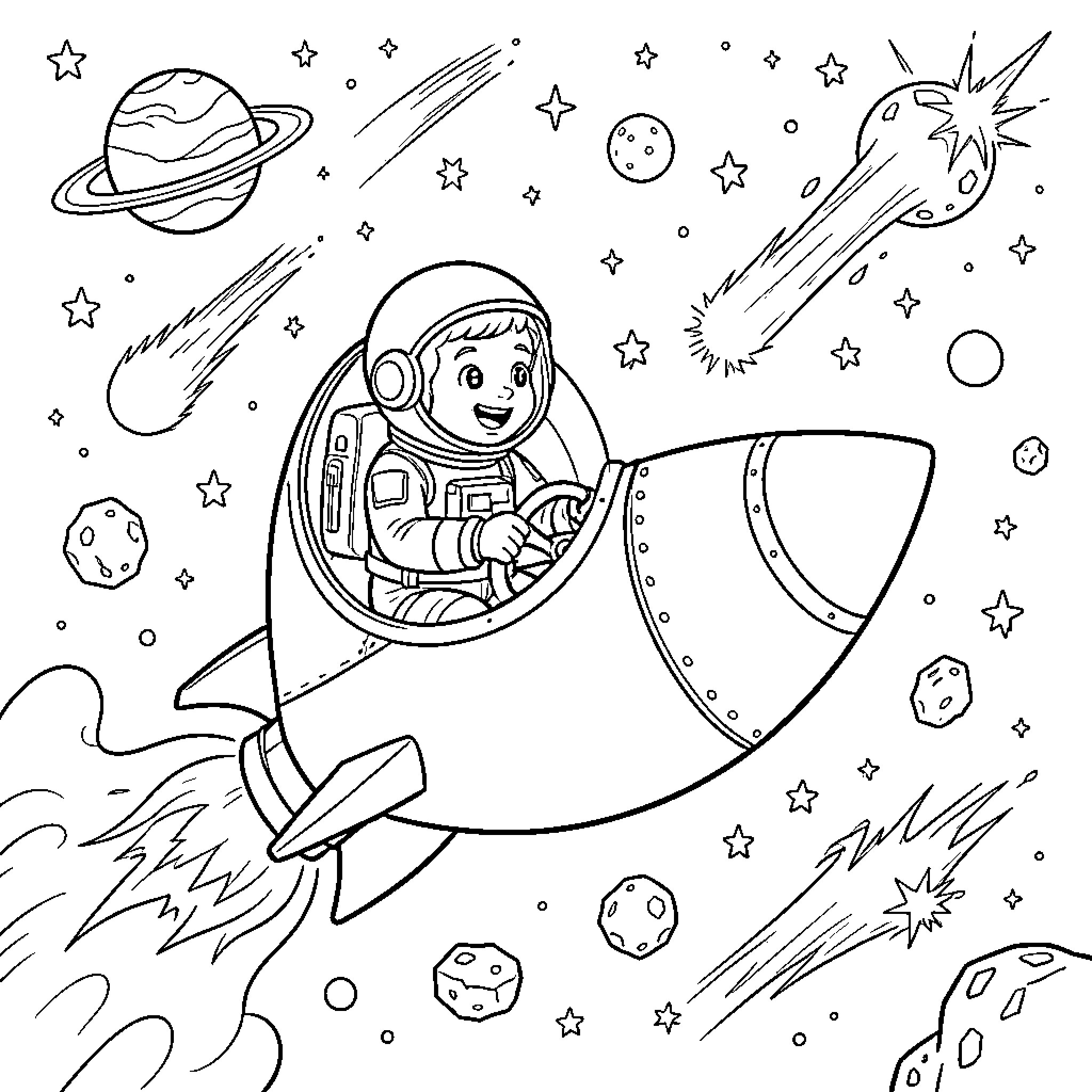 Astronaut smiling while piloting a rocket through space Coloring Page (free black-and-white line drawing printable PDF for all, from beginners to advanced learners, including children, teens, adults, and seniors)
