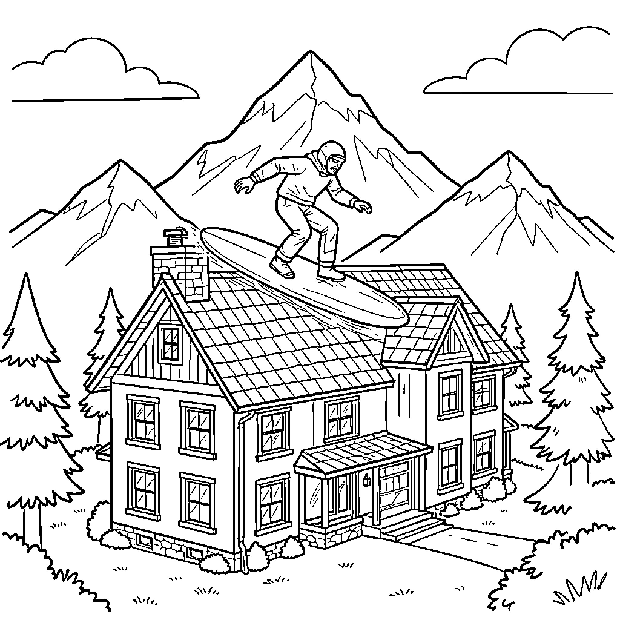 Surfer performing a trick on a rooftop Coloring Page (free black-and-white line drawing printable PDF for all, from beginners to advanced learners, including children, teens, adults, and seniors)