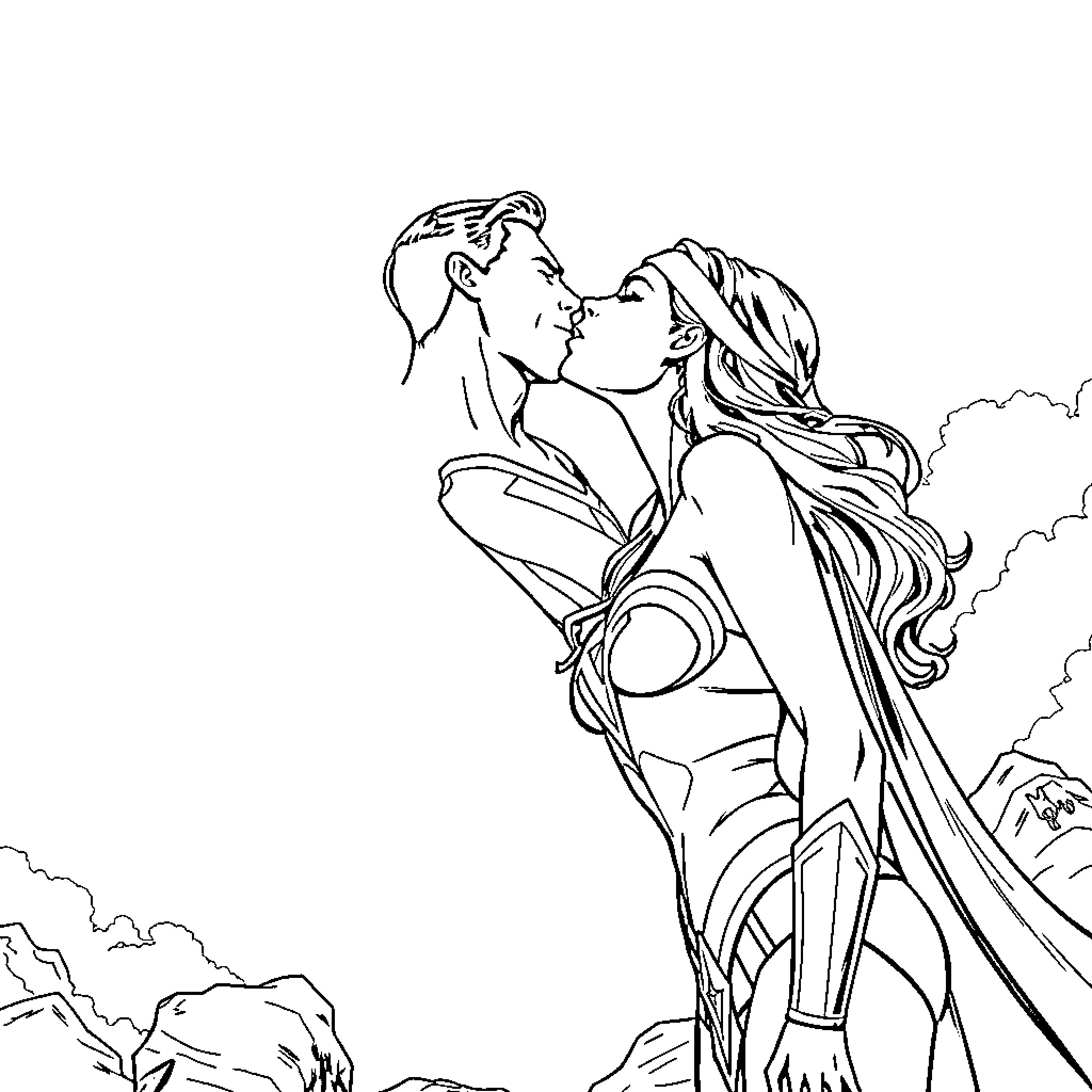 Superman and heroine embrace amidst dramatic clouds Coloring Page (free black-and-white line drawing printable PDF for all, from beginners to advanced learners, including children, teens, adults, and seniors)