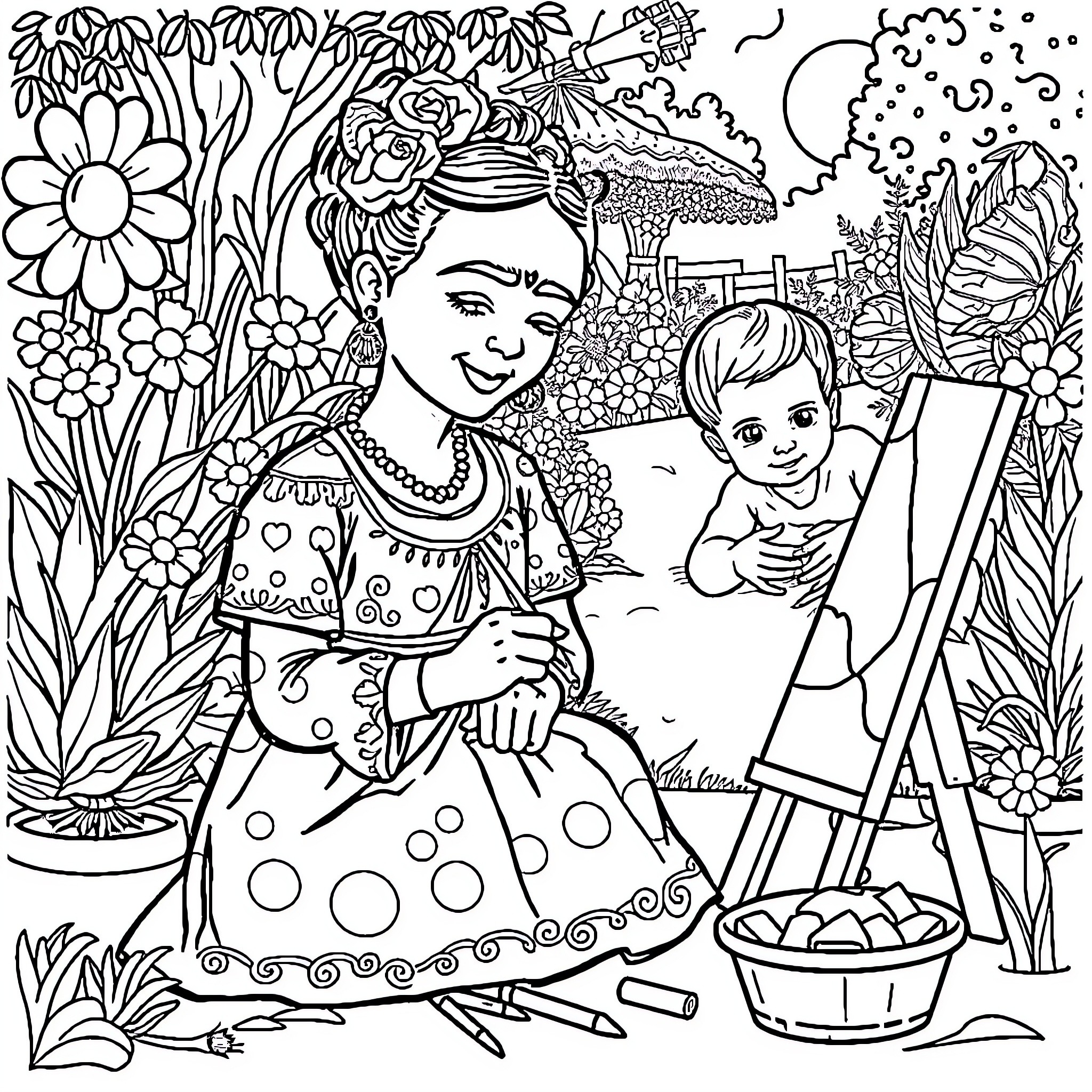 Frida Kahlo painting with her child in a lush garden Coloring Page (free black-and-white line drawing printable PDF for all, from beginners to advanced learners, including children, teens, adults, and seniors)