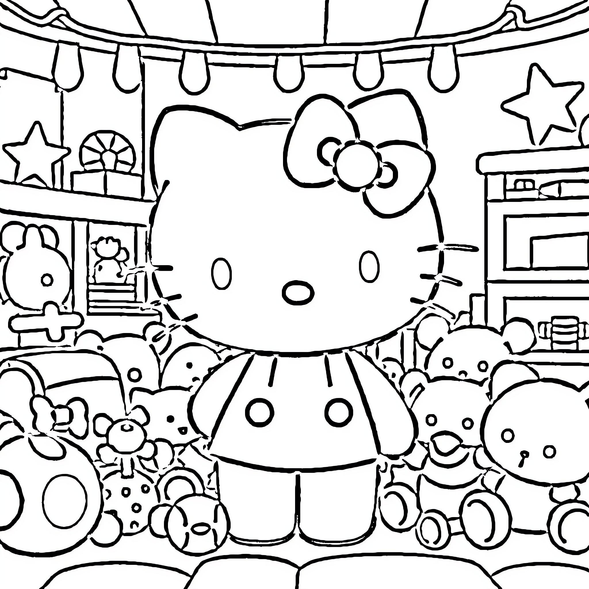 Hello Kitty enjoying a festive party Coloring Page (free black-and-white line drawing printable PDF for all, from beginners to advanced learners, including children, teens, adults, and seniors)