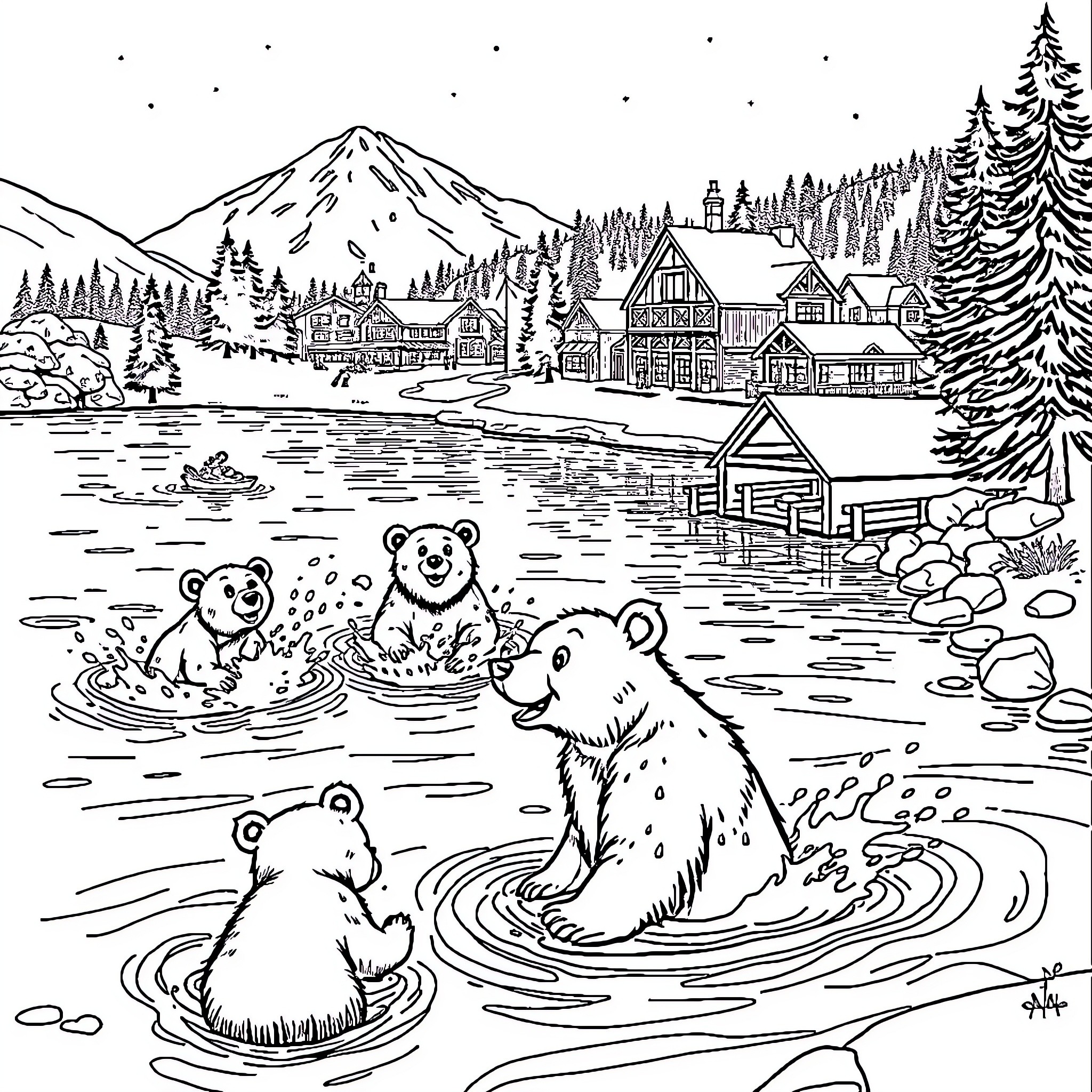 Bear Family Swimming in Lakeside Town Coloring Page (free black-and-white line drawing printable PDF for all, from beginners to advanced learners, including children, teens, adults, and seniors)