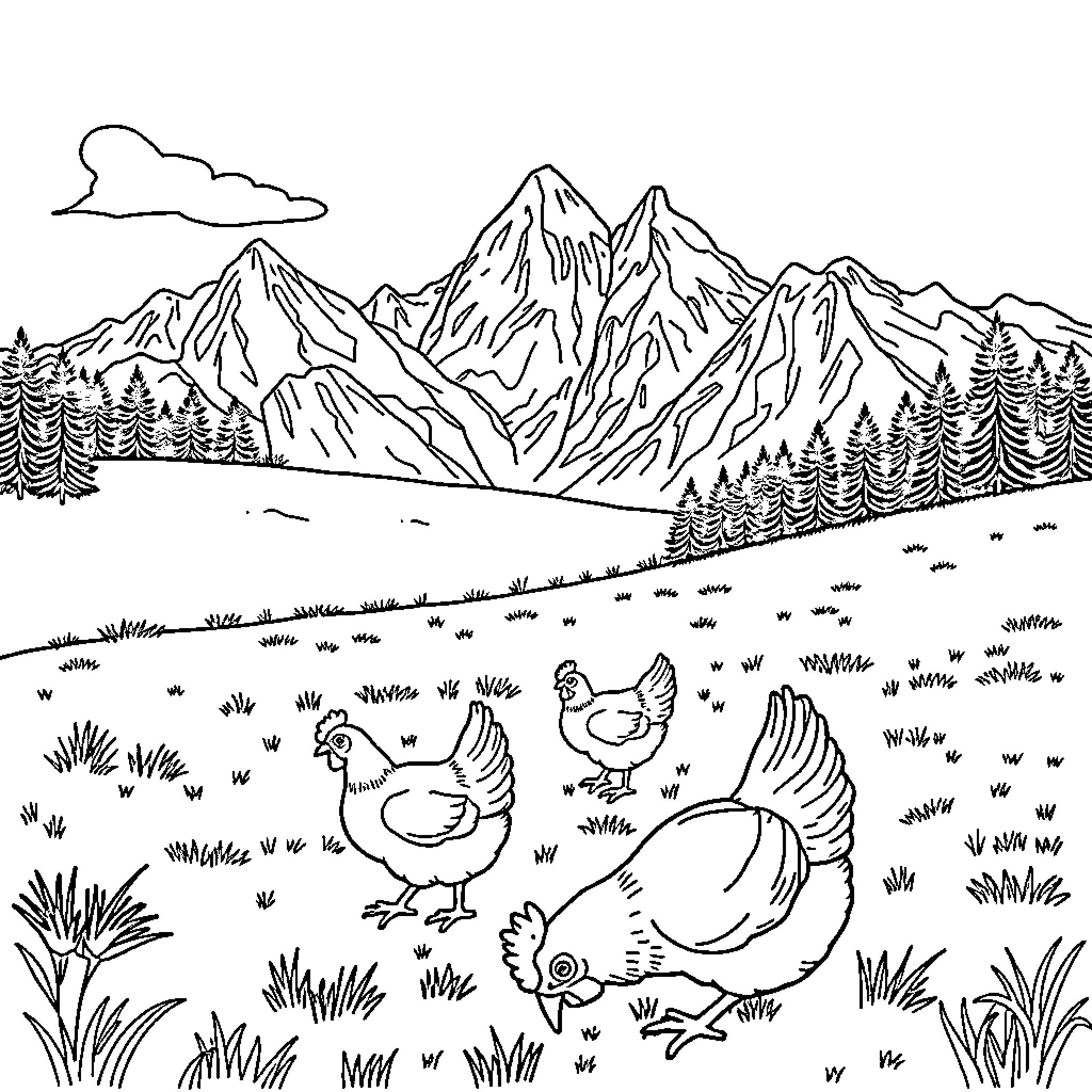 Chickens roaming freely in a scenic mountain landscape Coloring Page (free black-and-white line drawing printable PDF for all, from beginners to advanced learners, including children, teens, adults, and seniors)