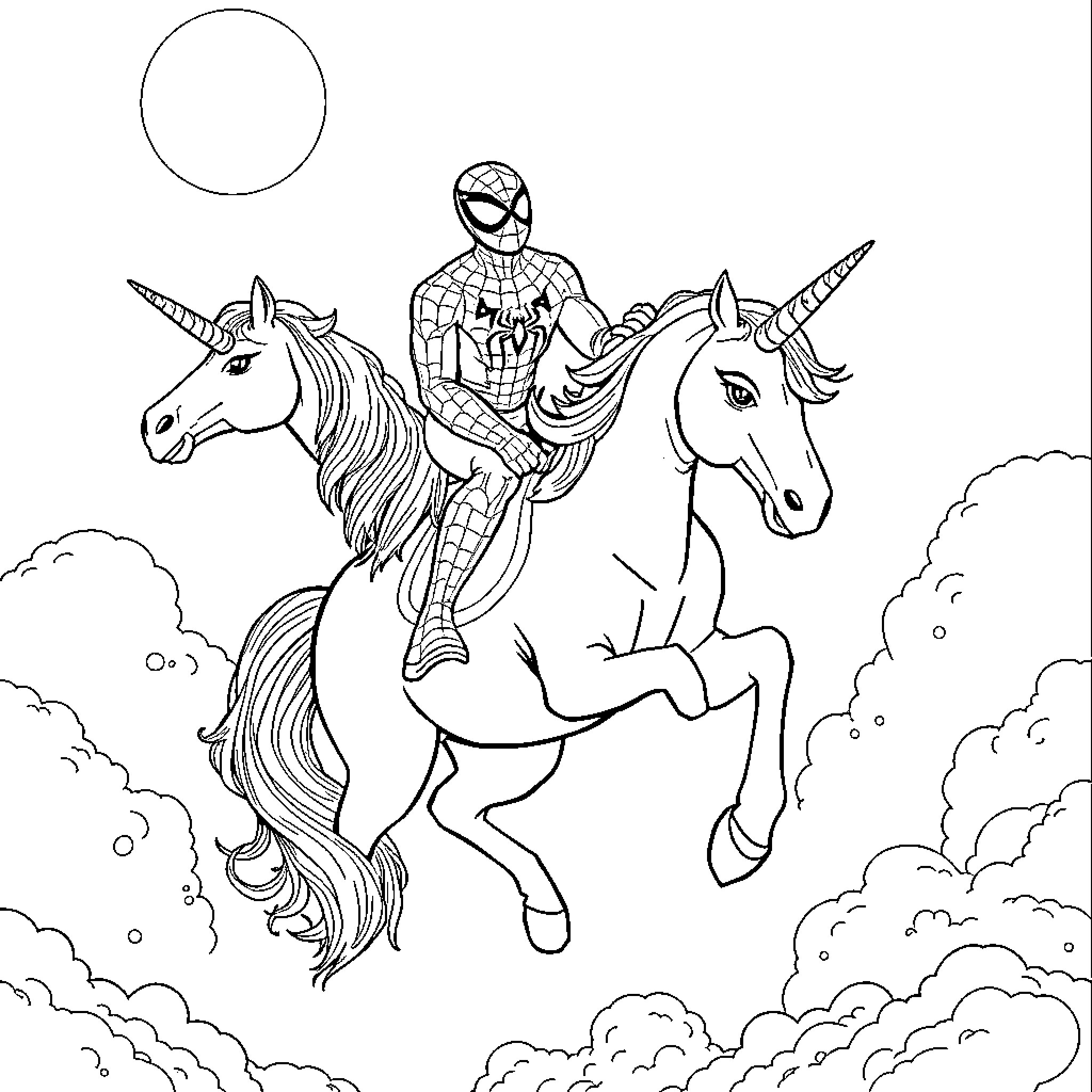 Spiderman riding a majestic unicorn through the clouds Coloring Page (free black-and-white line drawing printable PDF for all, from beginners to advanced learners, including children, teens, adults, and seniors)