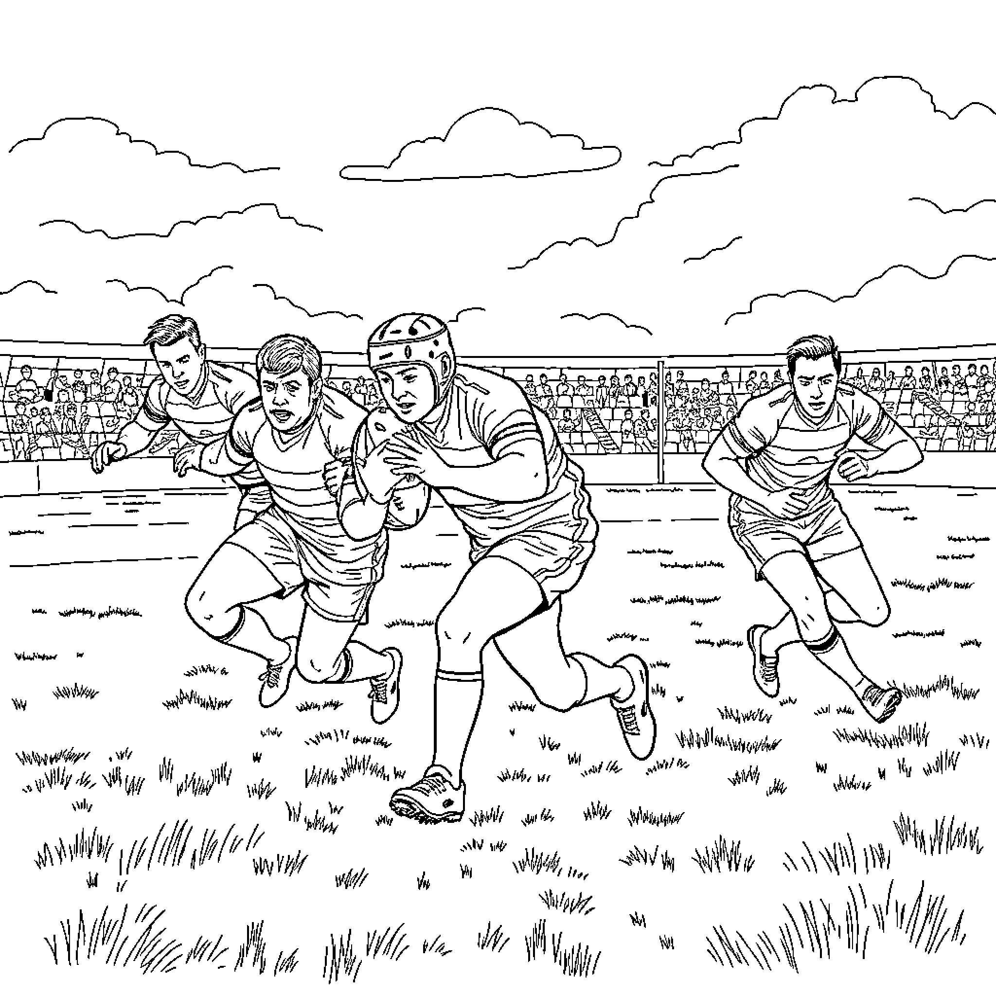 Rugby players running intensely during a match Coloring Page (free black-and-white line drawing printable PDF for all, from beginners to advanced learners, including children, teens, adults, and seniors)