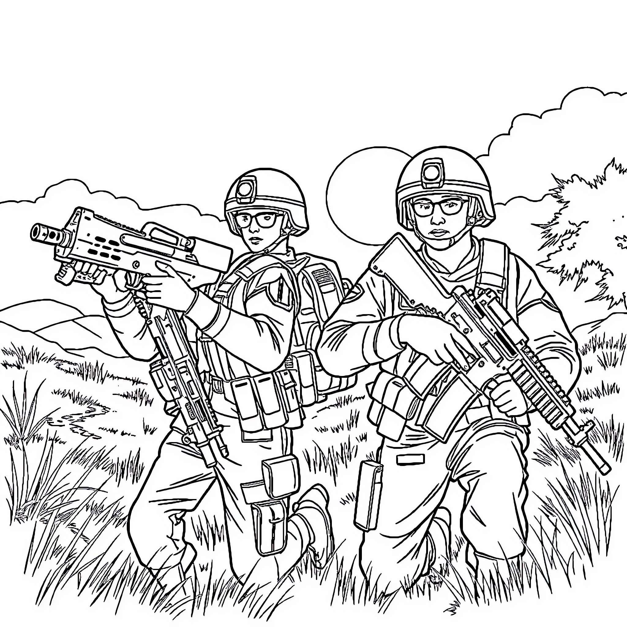 Soldiers on patrol in the field Coloring Page (free black-and-white line drawing printable PDF for all, from beginners to advanced learners, including children, teens, adults, and seniors)