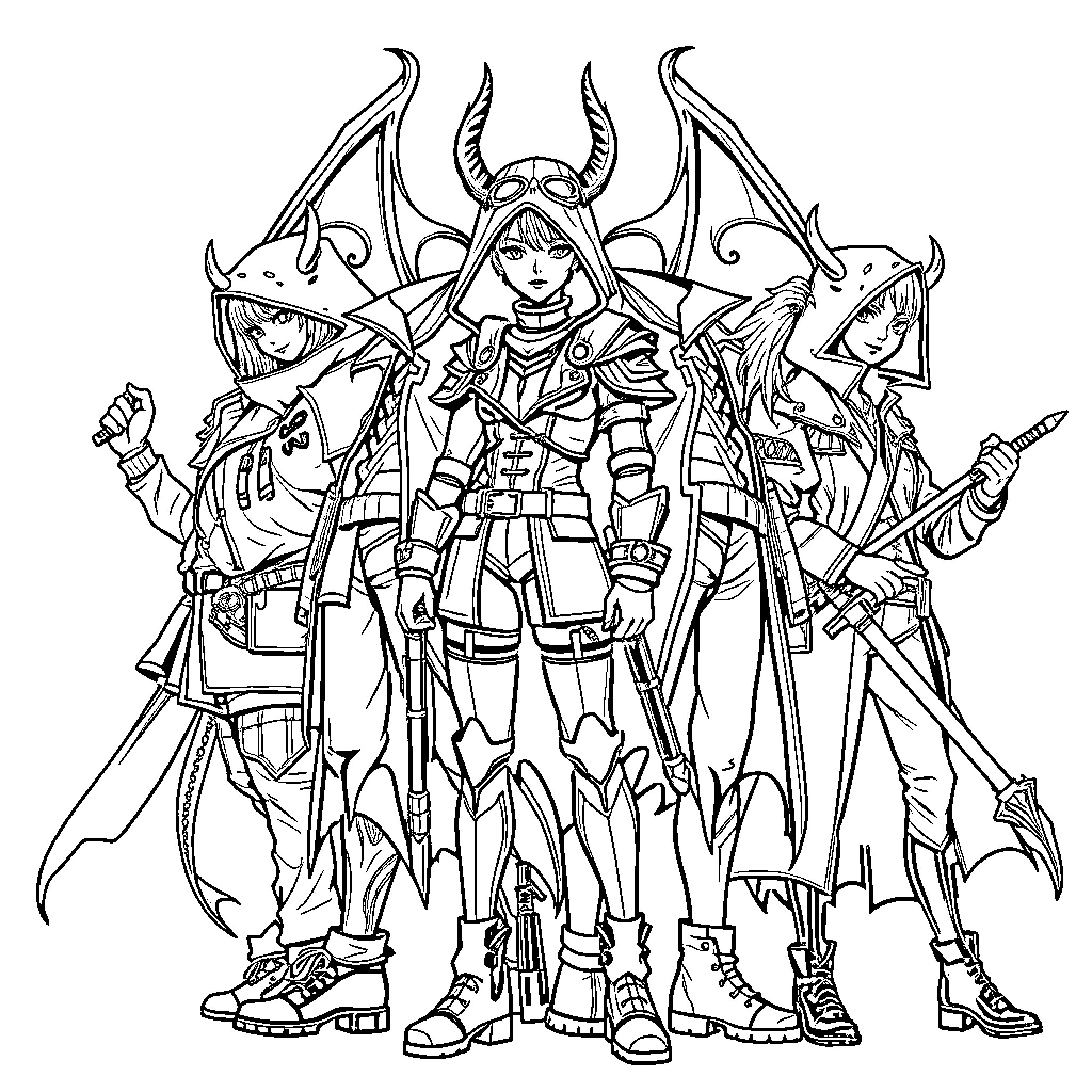 Kpop Fantasy Warrior Group in Armored Outfits Coloring Page (free black-and-white line drawing printable PDF for all, from beginners to advanced learners, including children, teens, adults, and seniors)