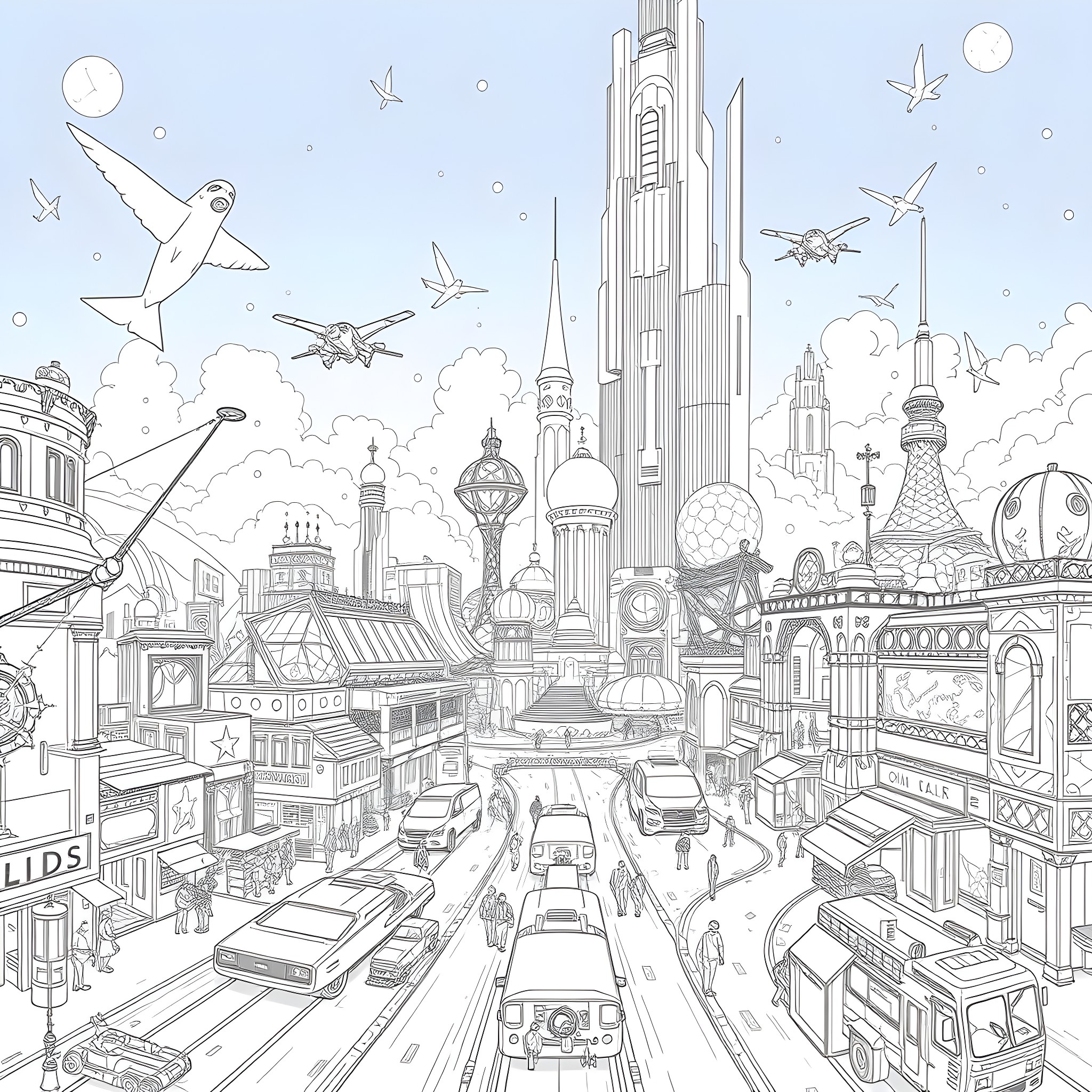 World of Futuristic Cityscape with Vehicles and Aerial Vehicles Coloring Page (free black-and-white line drawing printable PDF for all, from beginners to advanced learners, including children, teens, adults, and seniors)