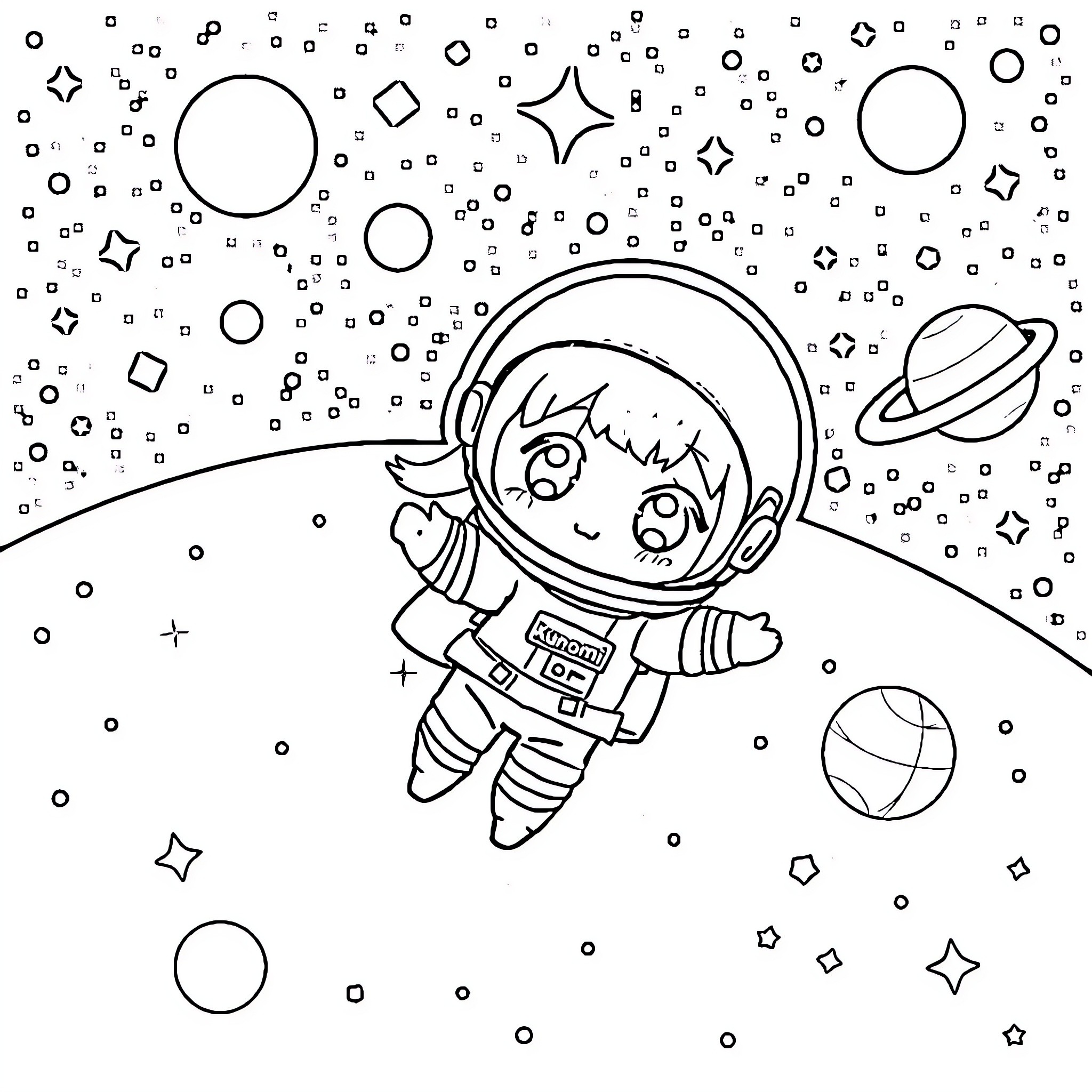 Kuromi's Cosmic Adventure Coloring Page (free black-and-white line drawing printable PDF for all, from beginners to advanced learners, including children, teens, adults, and seniors)