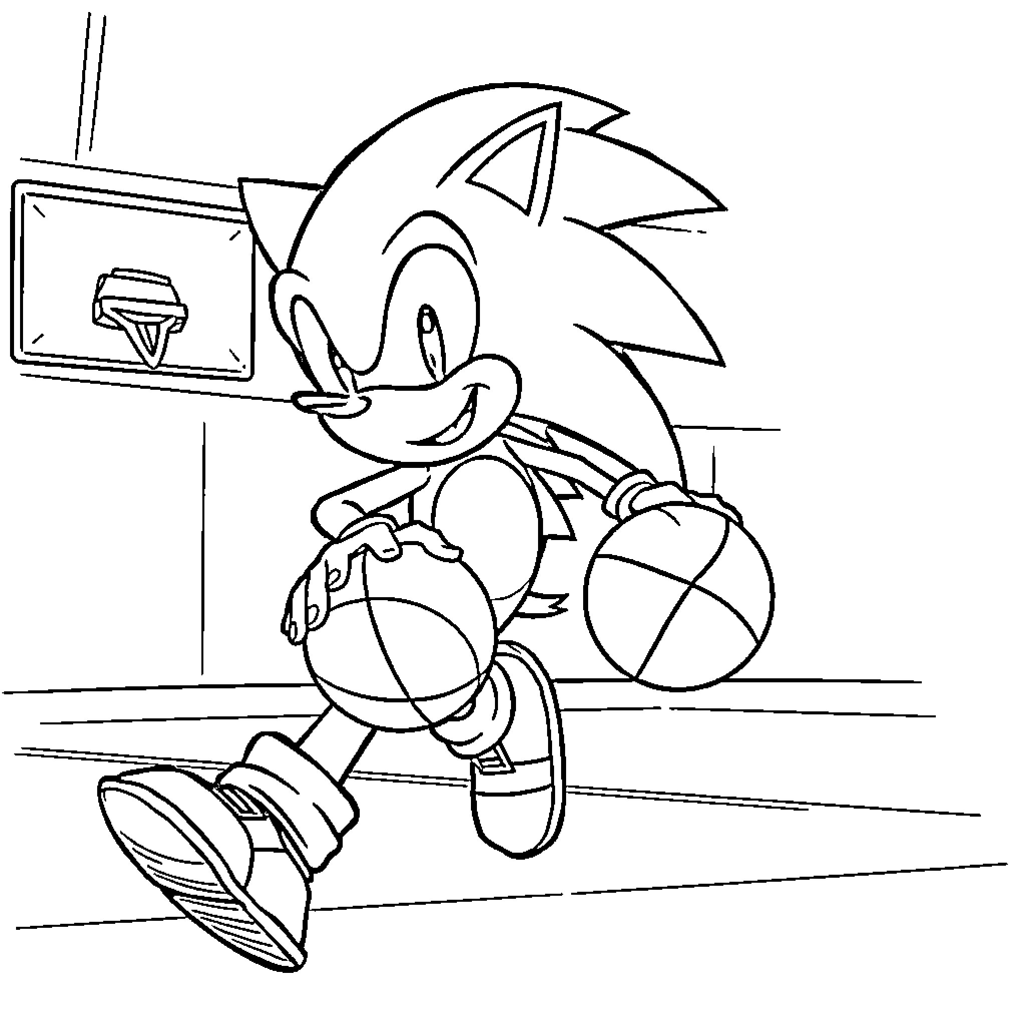 Sonic playing basketball in action Coloring Page (free black-and-white line drawing printable PDF for all, from beginners to advanced learners, including children, teens, adults, and seniors)