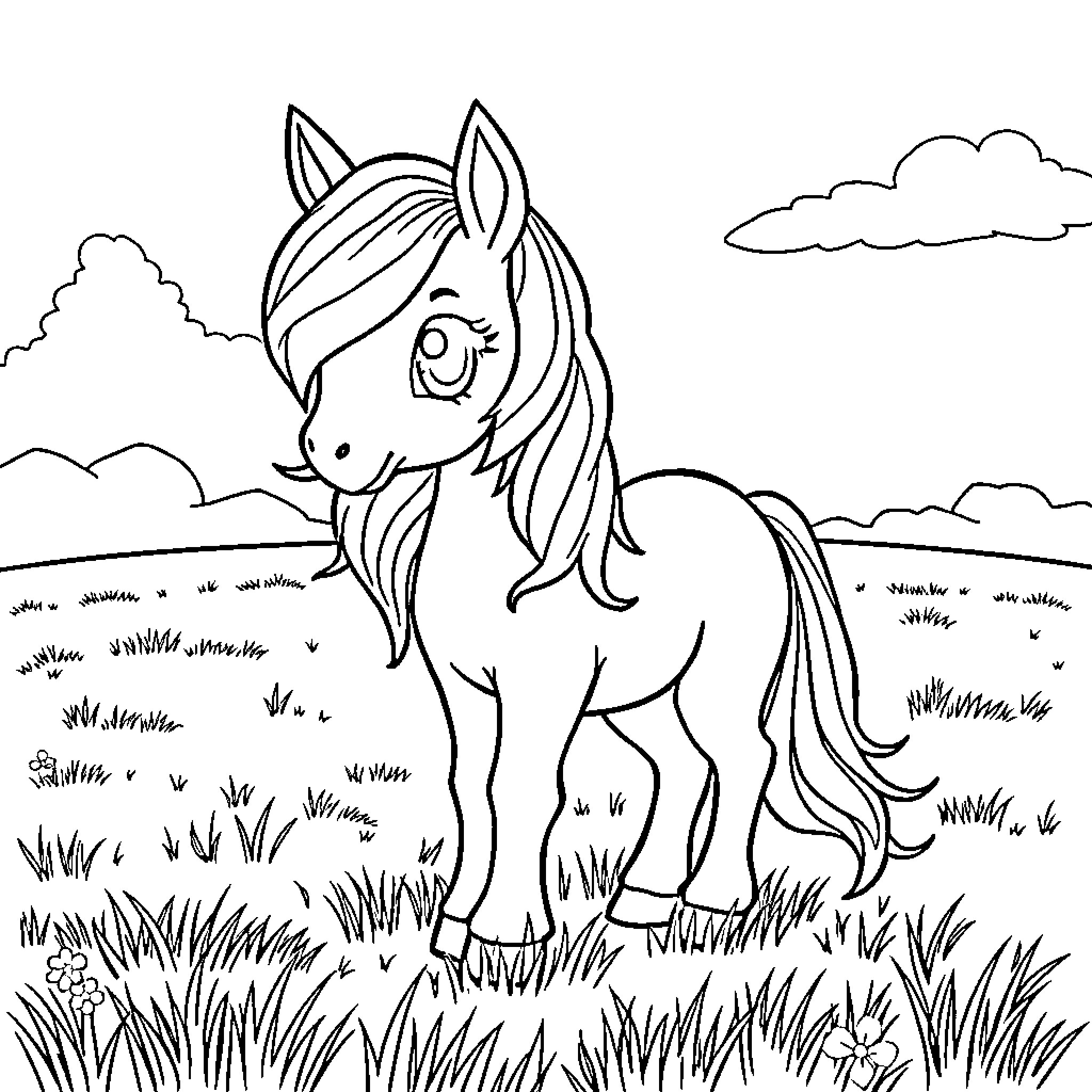 Pony happily enjoying the grassy field Coloring Page (free black-and-white line drawing printable PDF for all, from beginners to advanced learners, including children, teens, adults, and seniors)