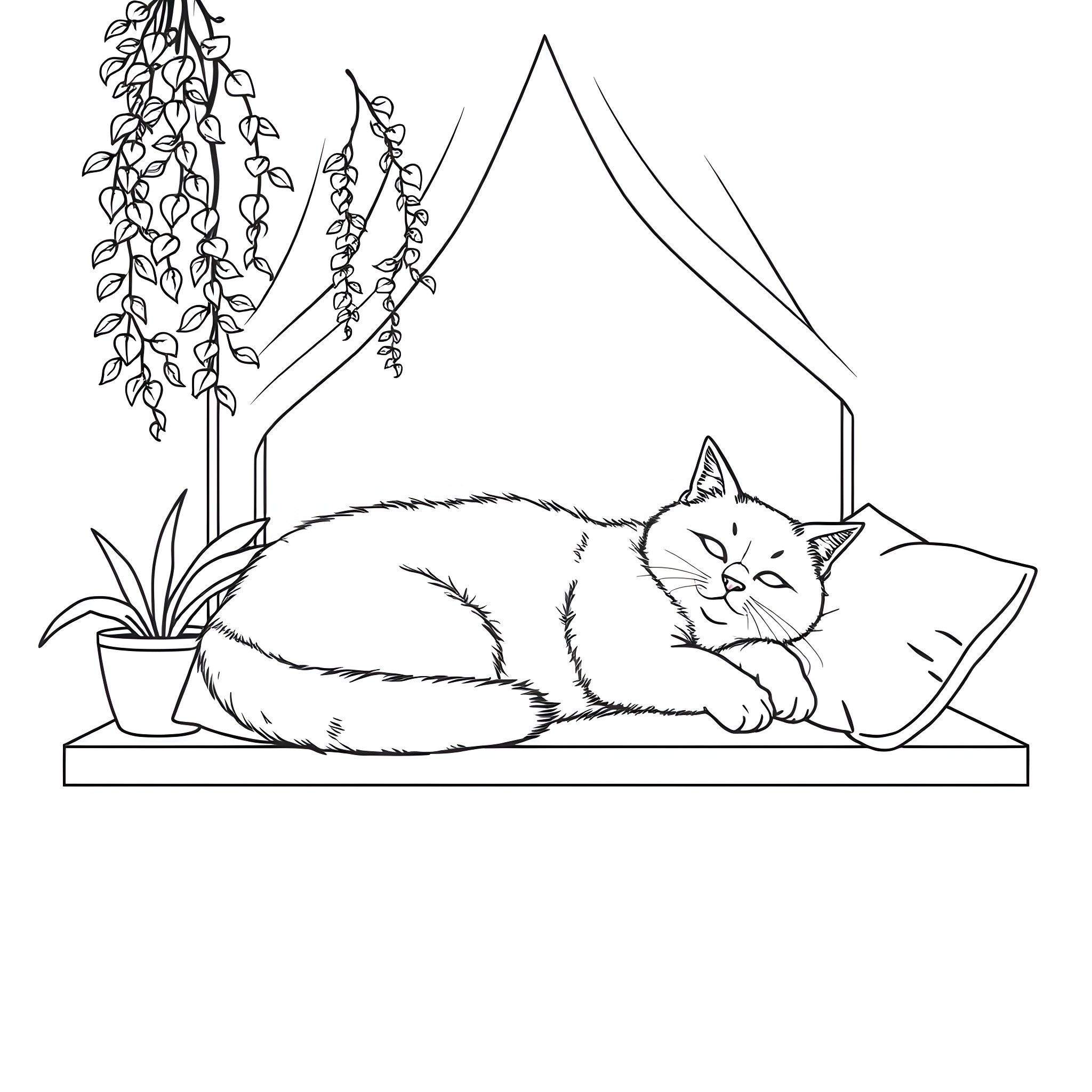 Cat sleeping peacefully on cozy window ledge Coloring Page (free black-and-white line drawing printable PDF for all, from beginners to advanced learners, including children, teens, adults, and seniors)