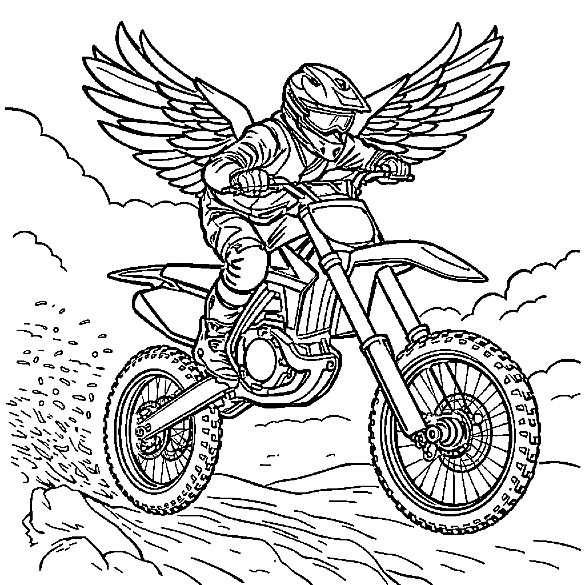 Motocross rider with wings taking flight Coloring Page (free black-and-white line drawing printable PDF for all, from beginners to advanced learners, including children, teens, adults, and seniors)
