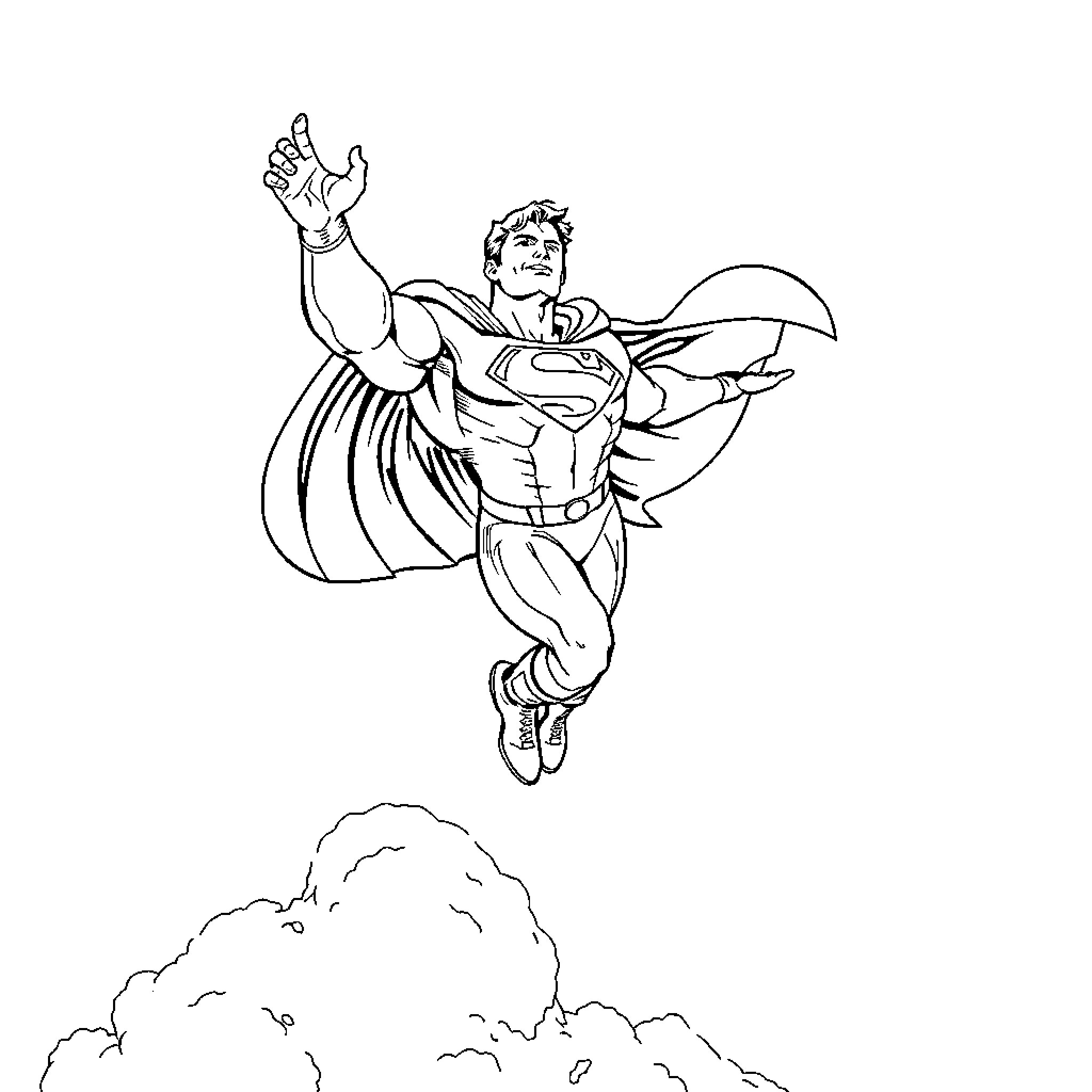 Superman flying above the clouds Coloring Page (free black-and-white line drawing printable PDF for all, from beginners to advanced learners, including children, teens, adults, and seniors)