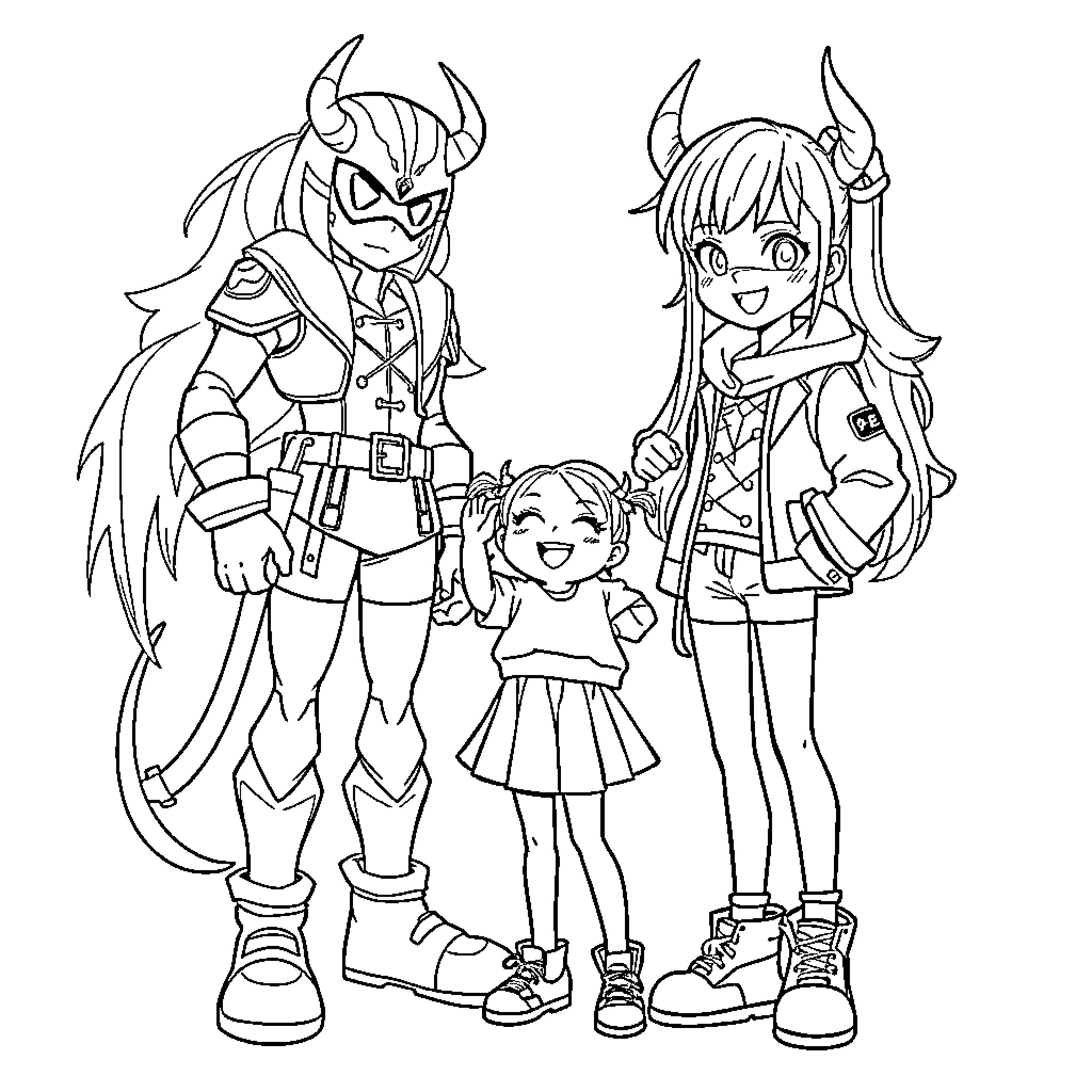 Girl Anime Characters in Playful Poses Coloring Page (free black-and-white line drawing printable PDF for all, from beginners to advanced learners, including children, teens, adults, and seniors)