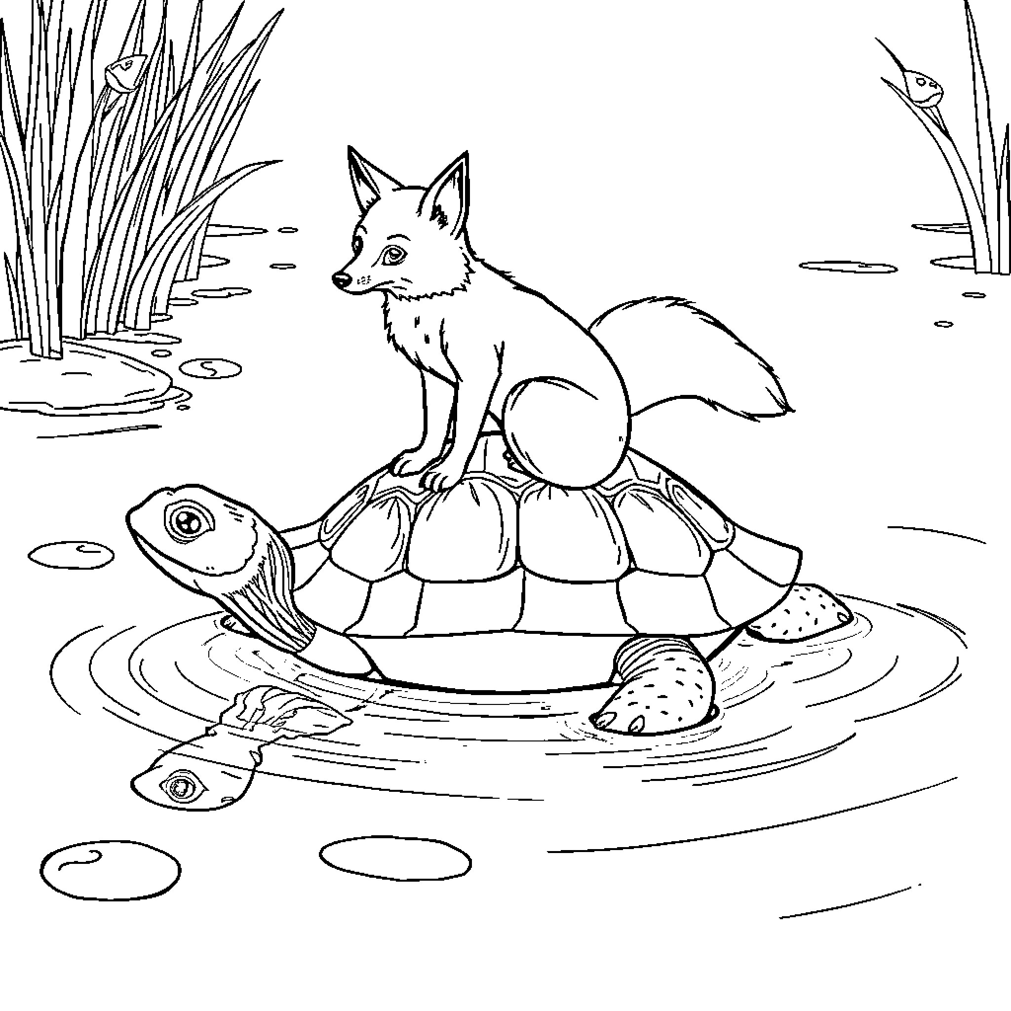 Fox resting on a turtle in a tranquil pond Coloring Page (free black-and-white line drawing printable PDF for all, from beginners to advanced learners, including children, teens, adults, and seniors)