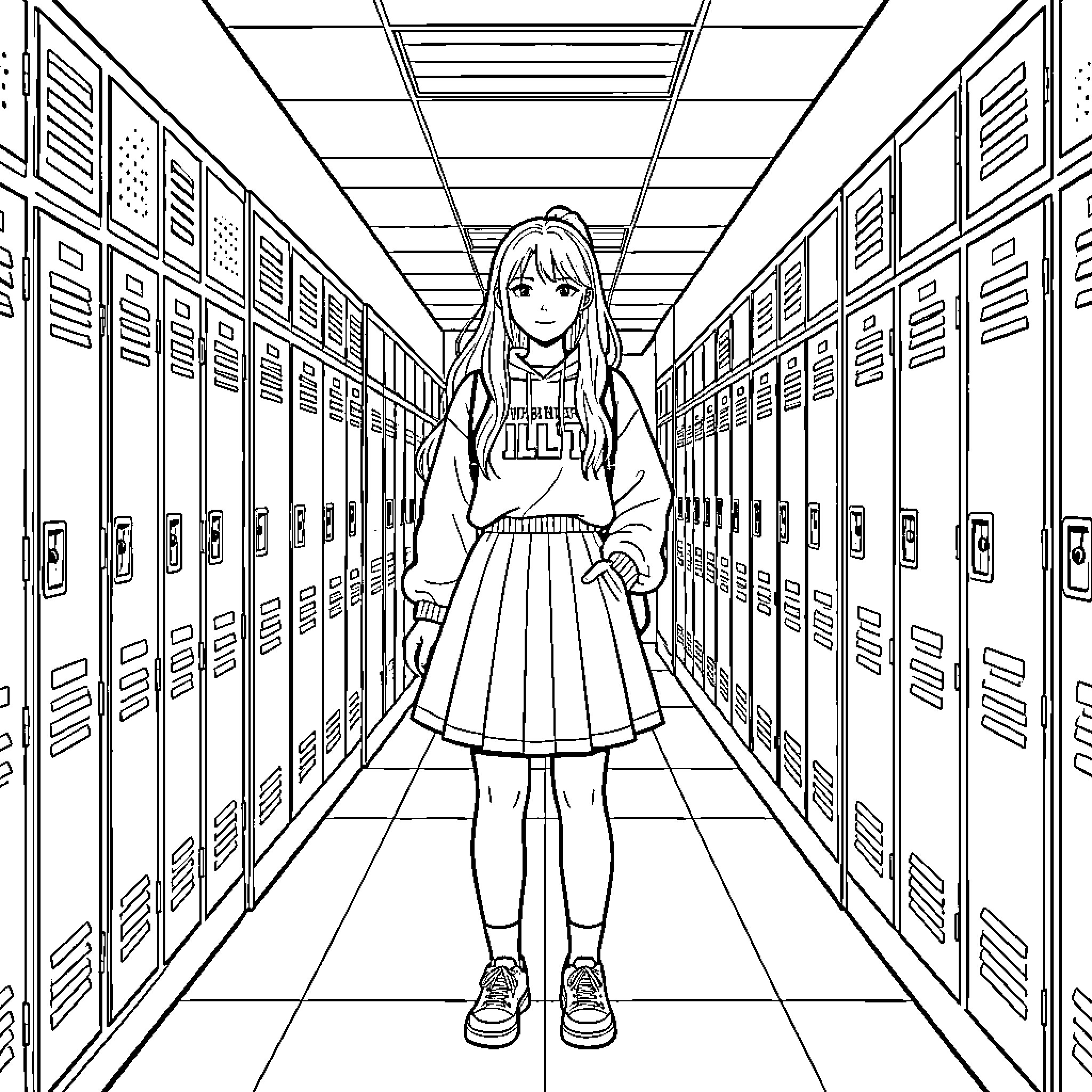 Moka walking through a school hallway with lockers Coloring Page (free black-and-white line drawing printable PDF for all, from beginners to advanced learners, including children, teens, adults, and seniors)