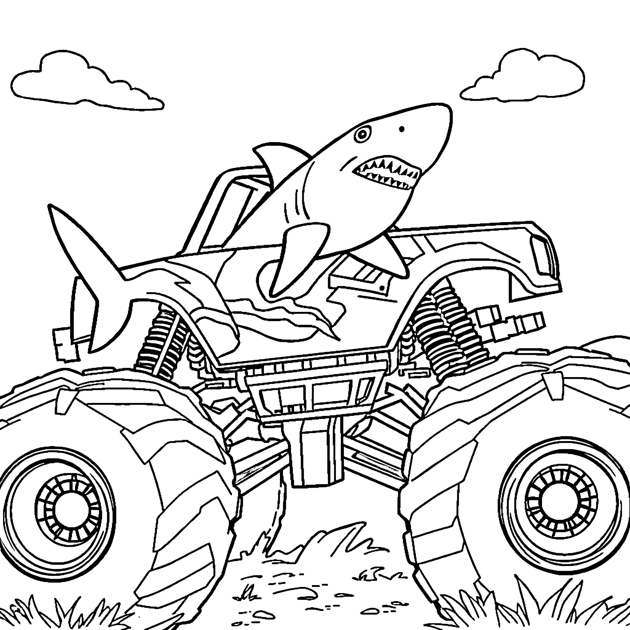 Shark-themed monster truck adventure Coloring Page (free black-and-white line drawing printable PDF for all, from beginners to advanced learners, including children, teens, adults, and seniors)