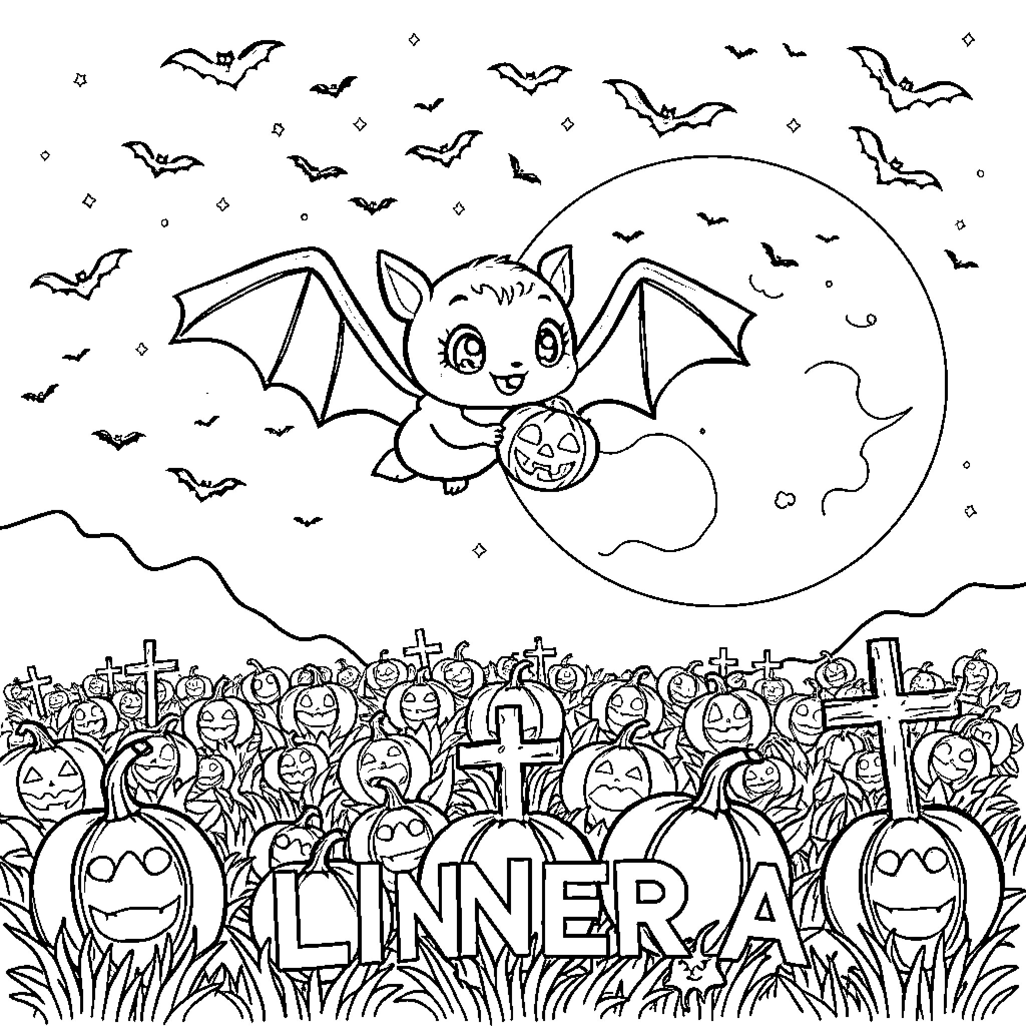 Bat flying over a Halloween graveyard scene Coloring Page (free black-and-white line drawing printable PDF for all, from beginners to advanced learners, including children, teens, adults, and seniors)