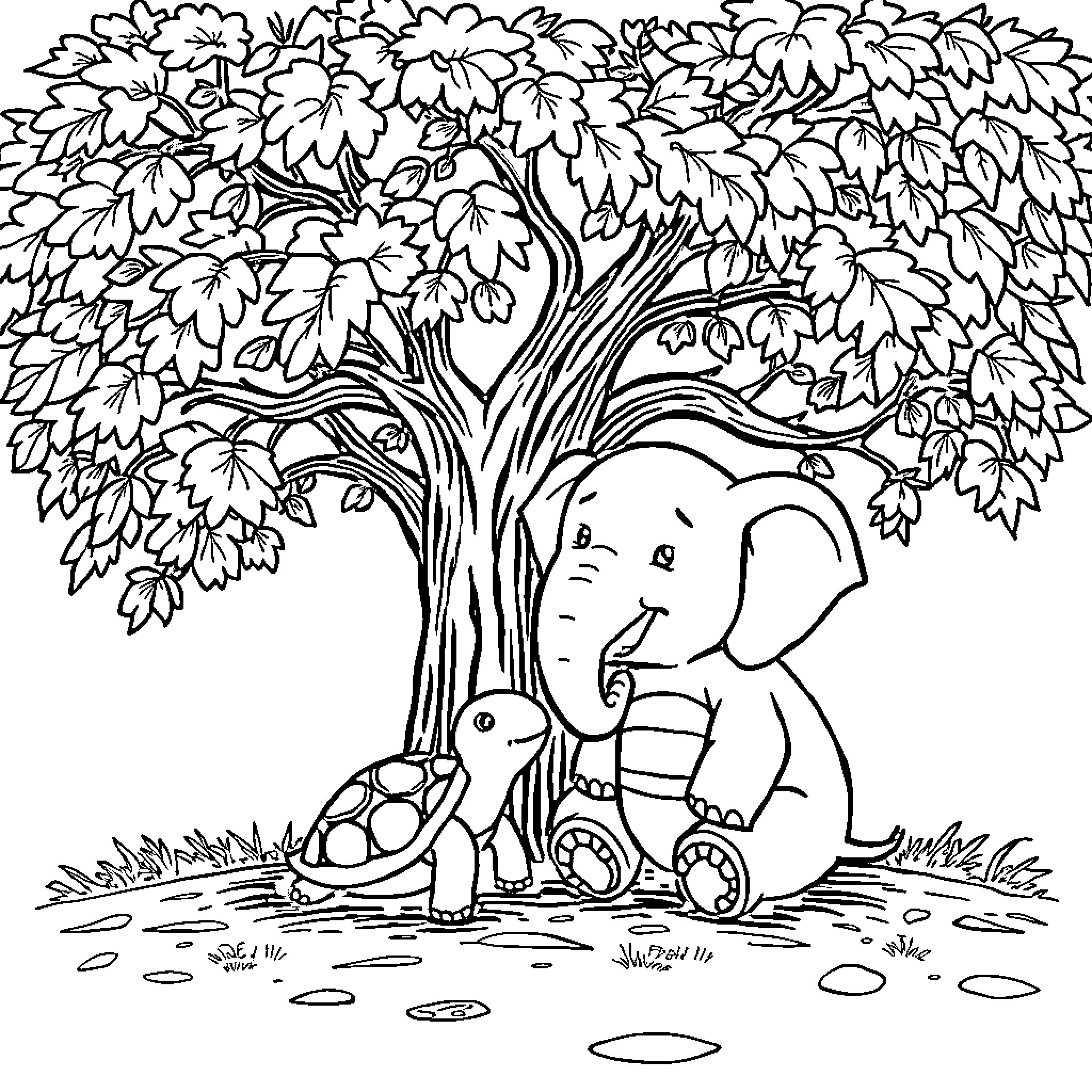 Turtle-shaped elephant playing under a tree Coloring Page (free black-and-white line drawing printable PDF for all, from beginners to advanced learners, including children, teens, adults, and seniors)