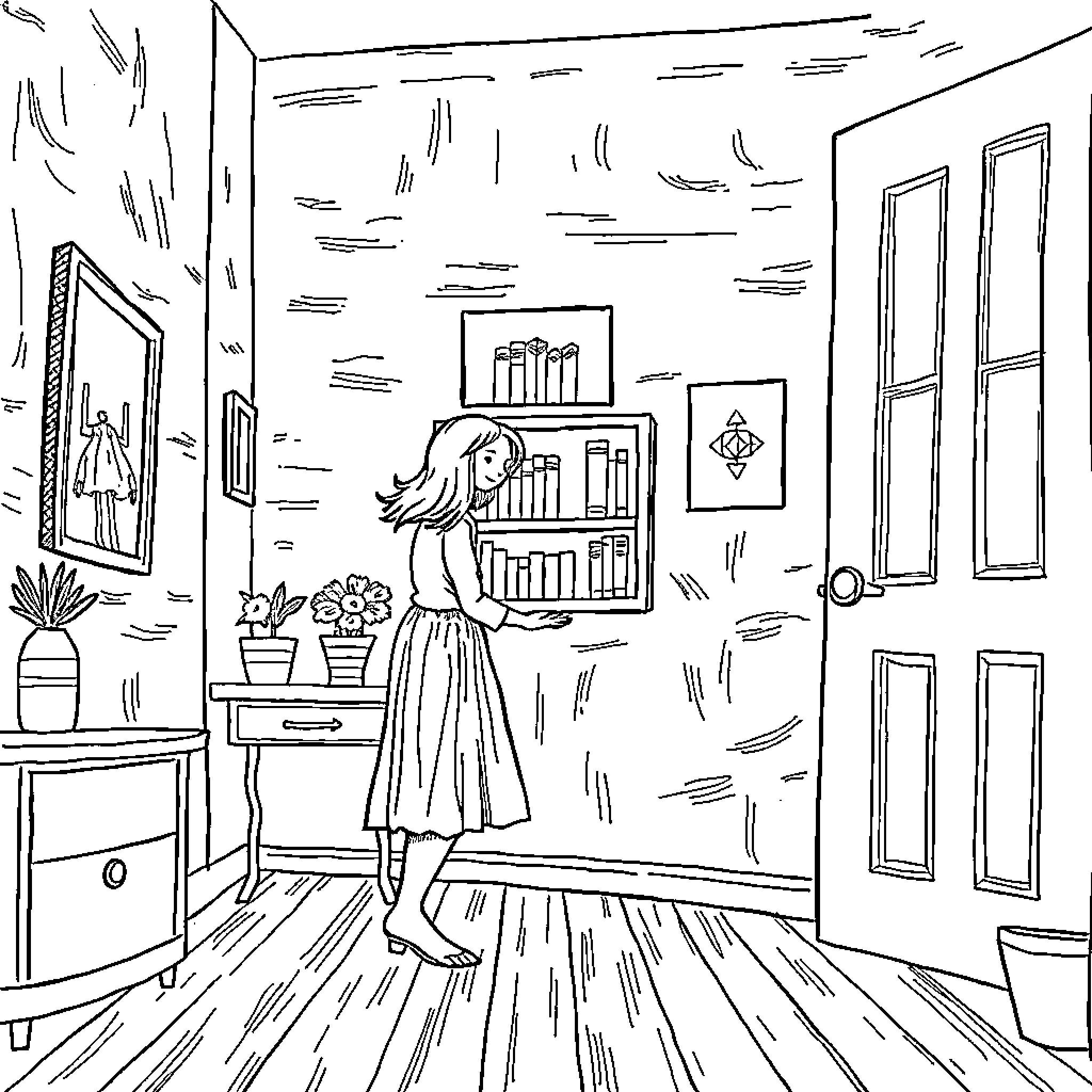 Footstep of a person exploring a cozy library Coloring Page (free black-and-white line drawing printable PDF for all, from beginners to advanced learners, including children, teens, adults, and seniors)