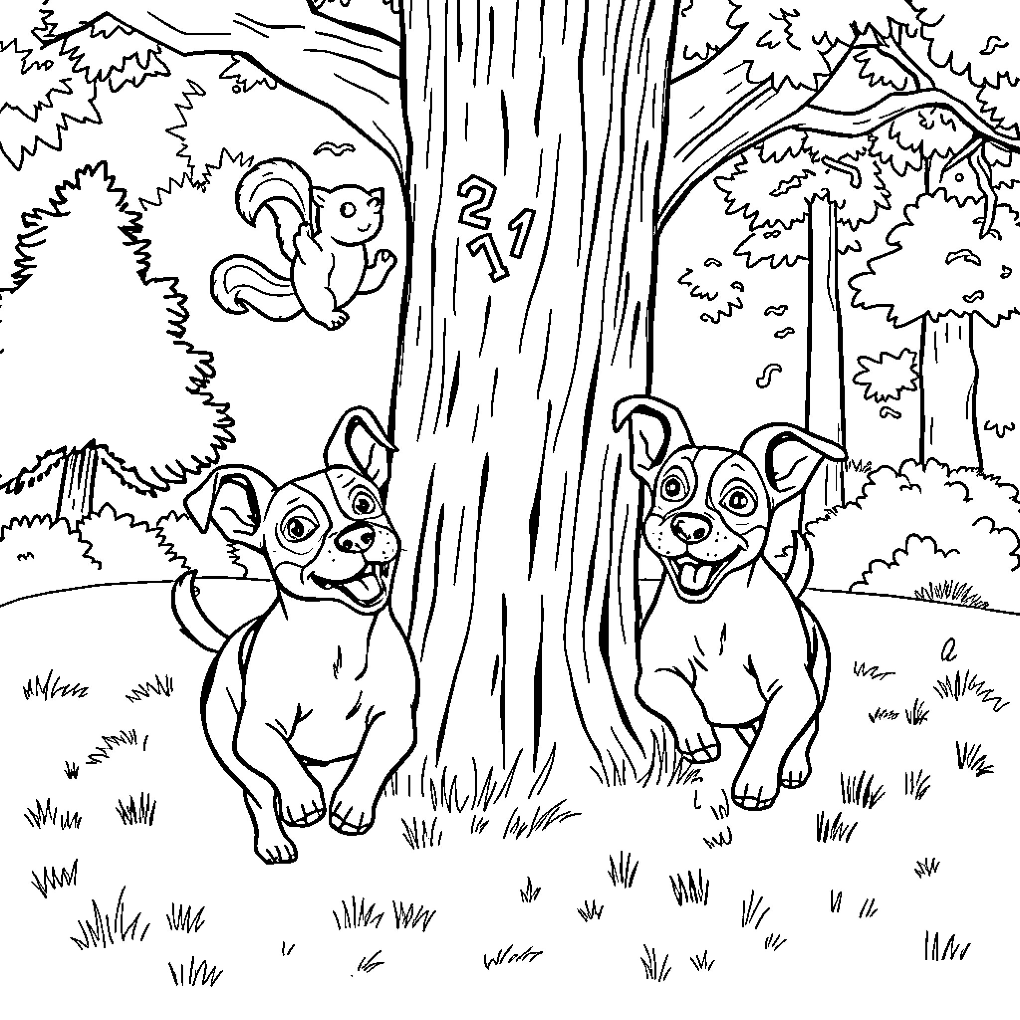 Jack Russell Terriers playing joyfully in the woods Coloring Page (free black-and-white line drawing printable PDF for all, from beginners to advanced learners, including children, teens, adults, and seniors)