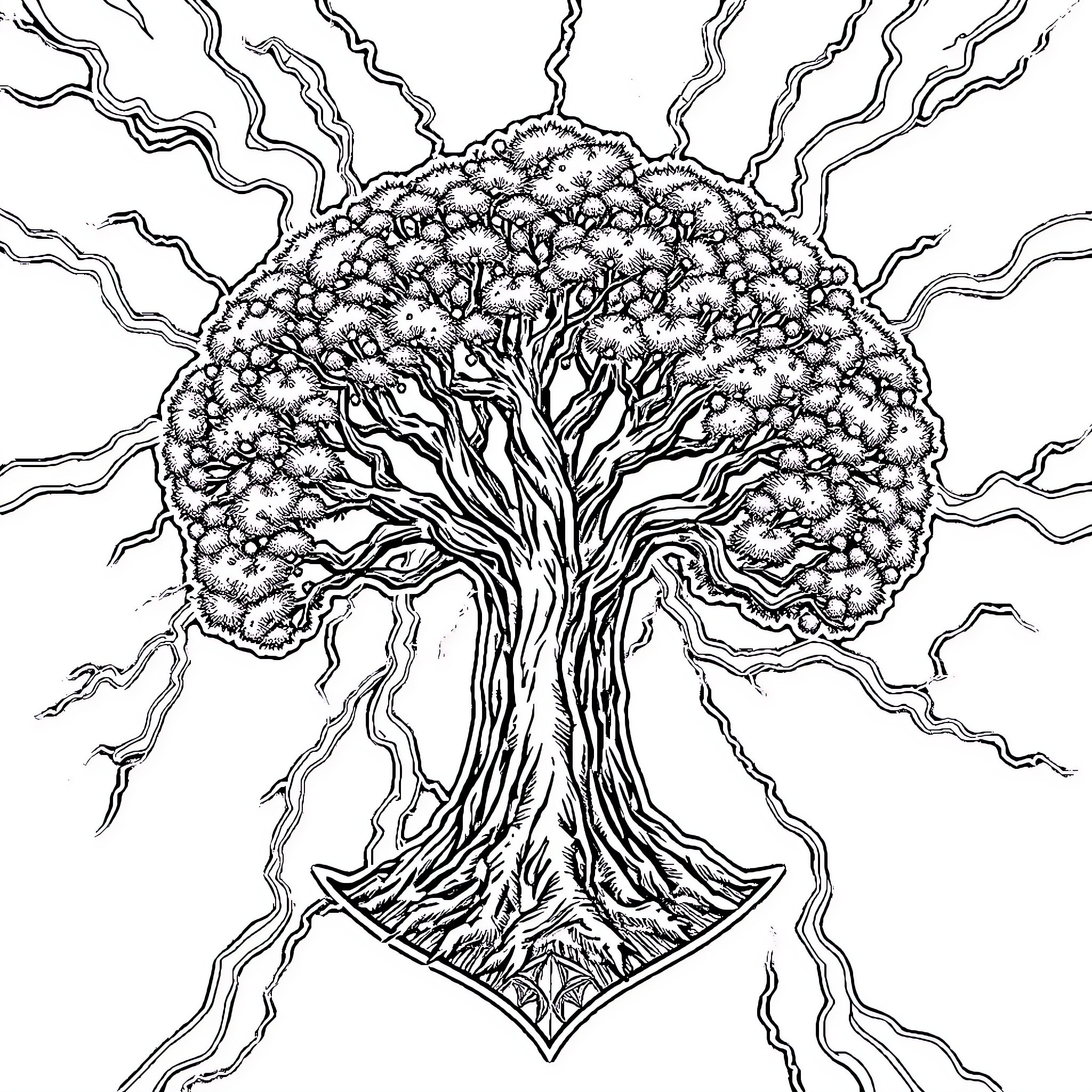 Tree of Life in Detailed Monochrome Sketch Coloring Page (free black-and-white line drawing printable PDF for all, from beginners to advanced learners, including children, teens, adults, and seniors)